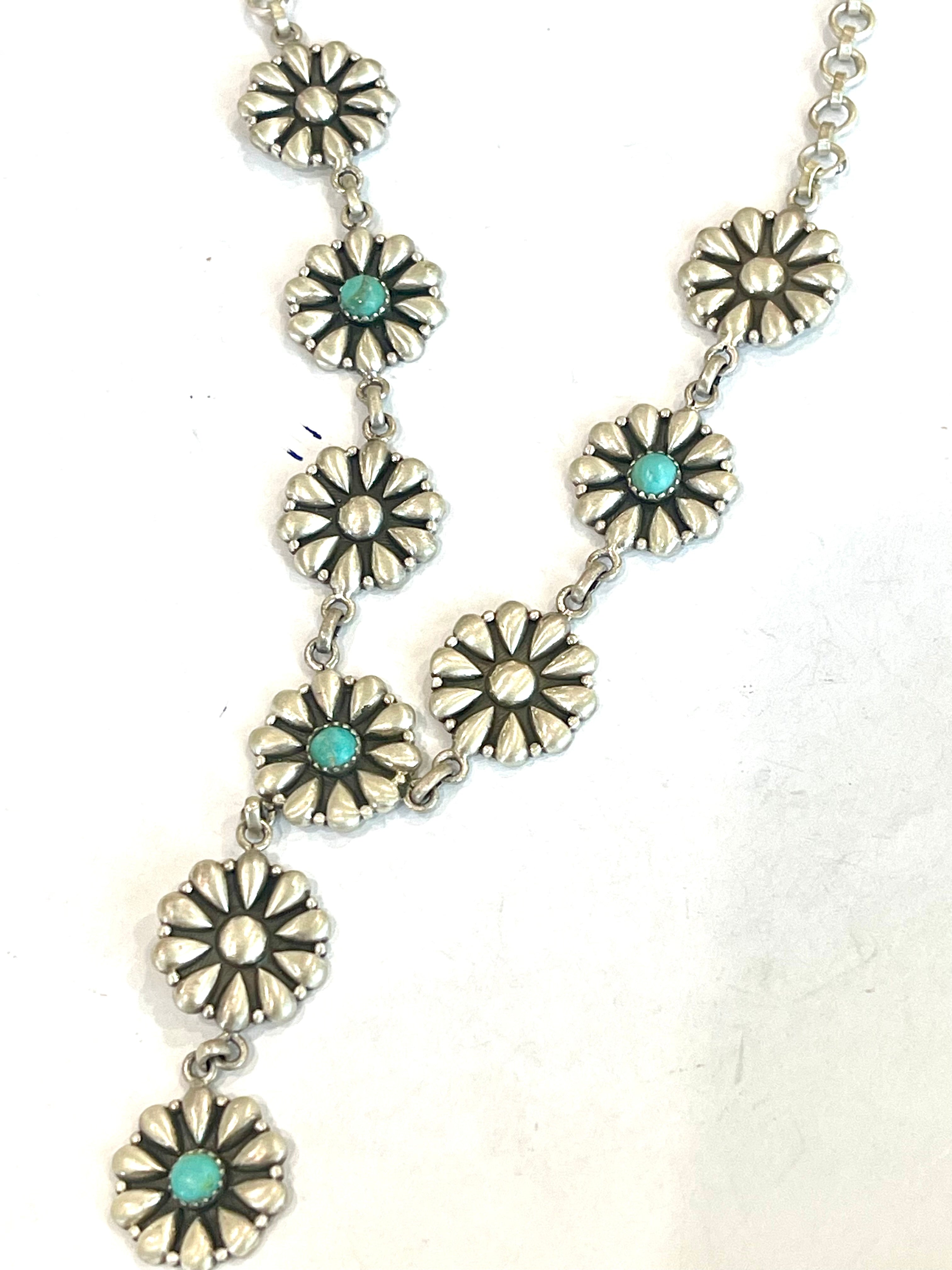 Handmade Sterling Silver & Turquoise Flower Lariat Necklace