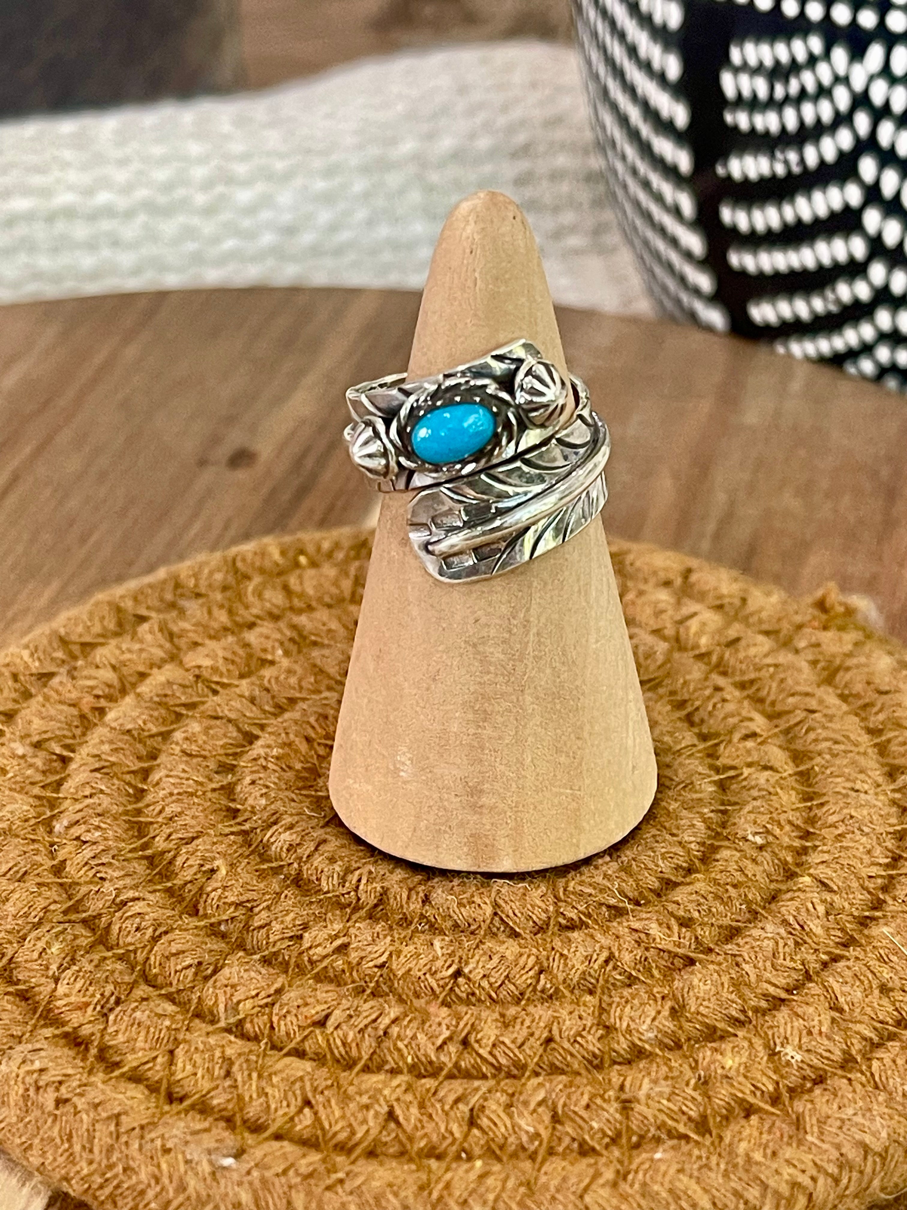 Handmade Sterling Silver & Turquoise Adjustable Feather Band Ring
