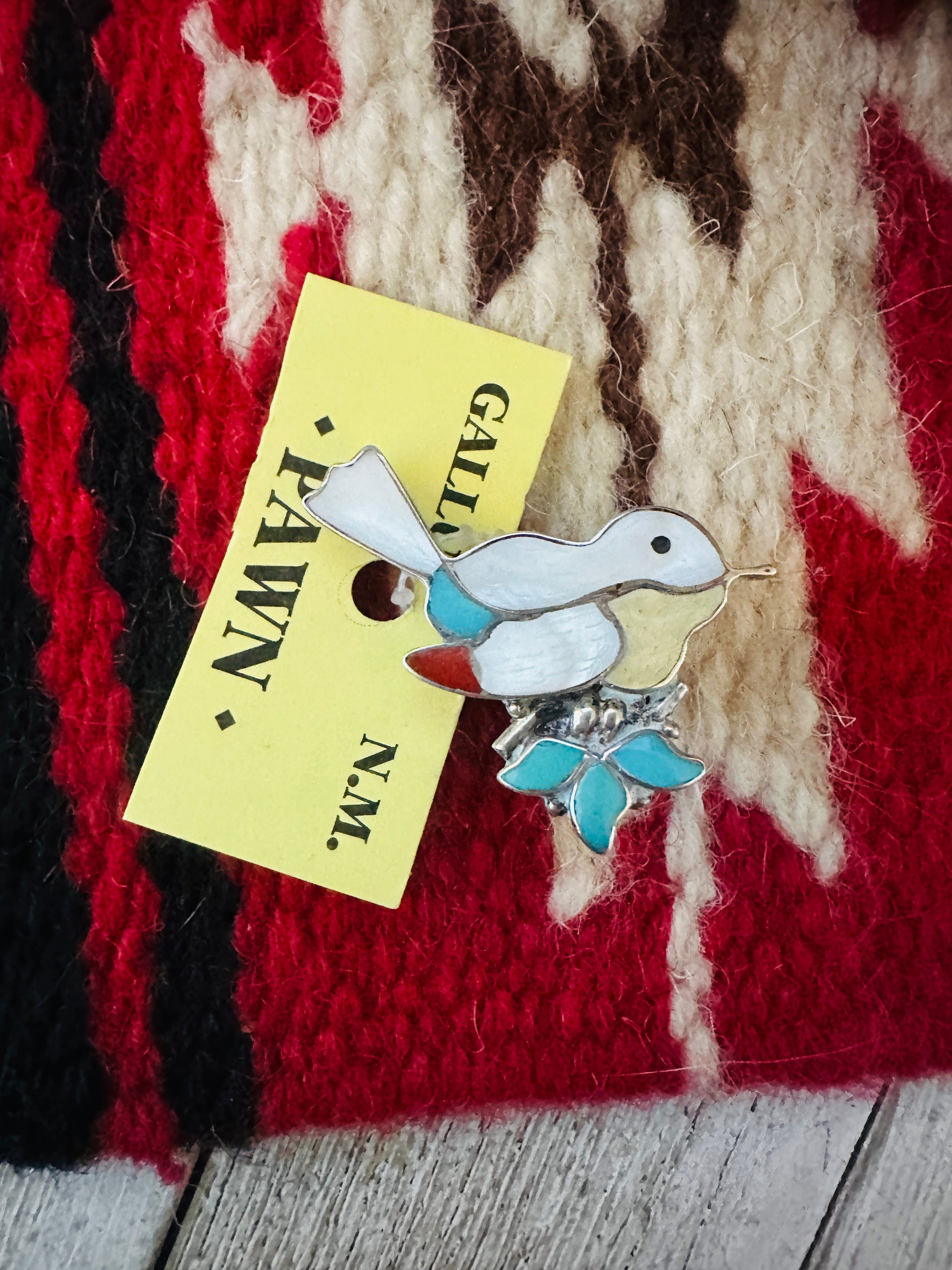 Vintage Old Pawn Multi Stone & Sterling Silver Inlay Bird Brooch/ Pendant