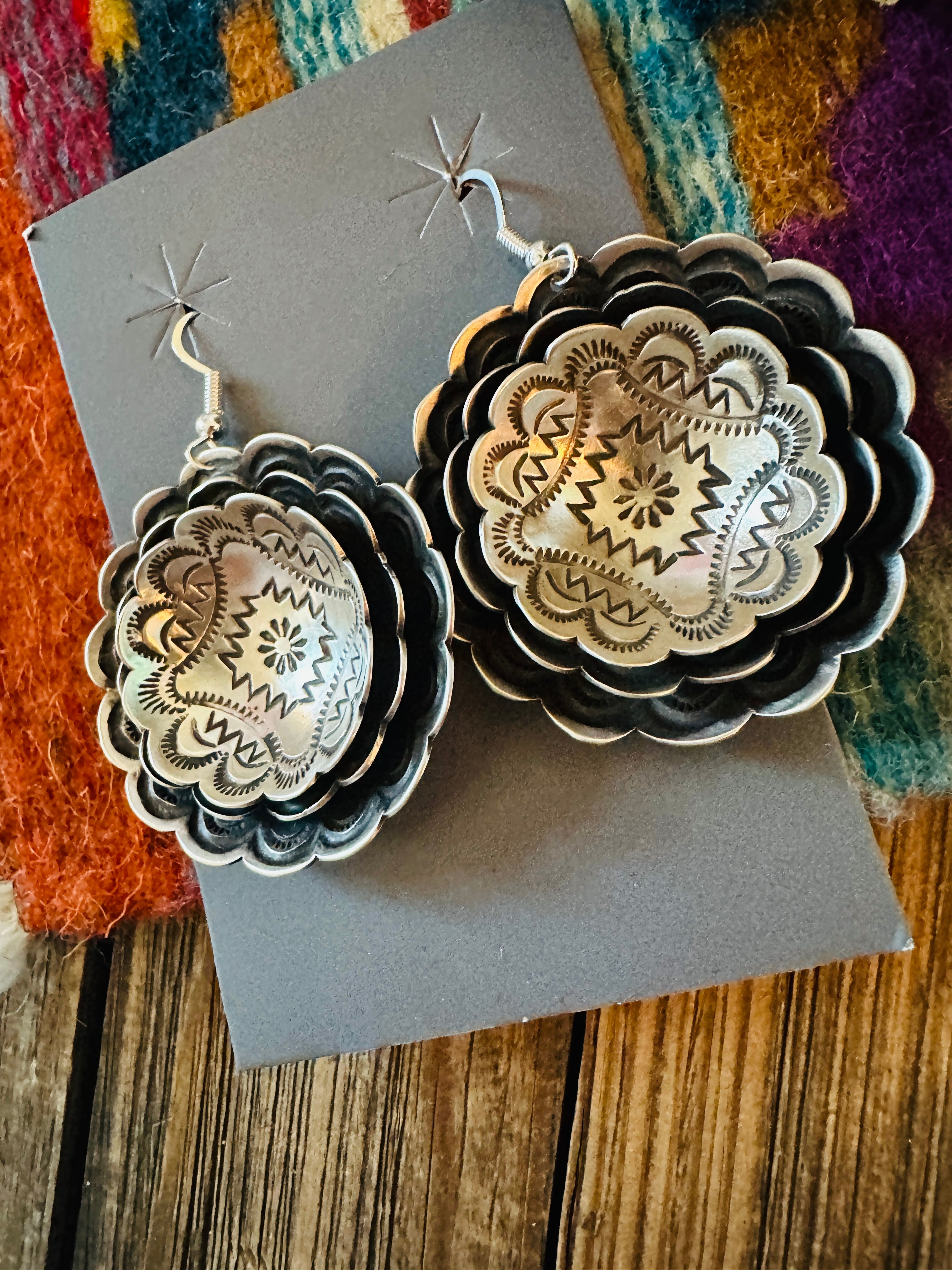 Handcrafted Sterling Silver Concho Dangle Earrings by Leander Tahe