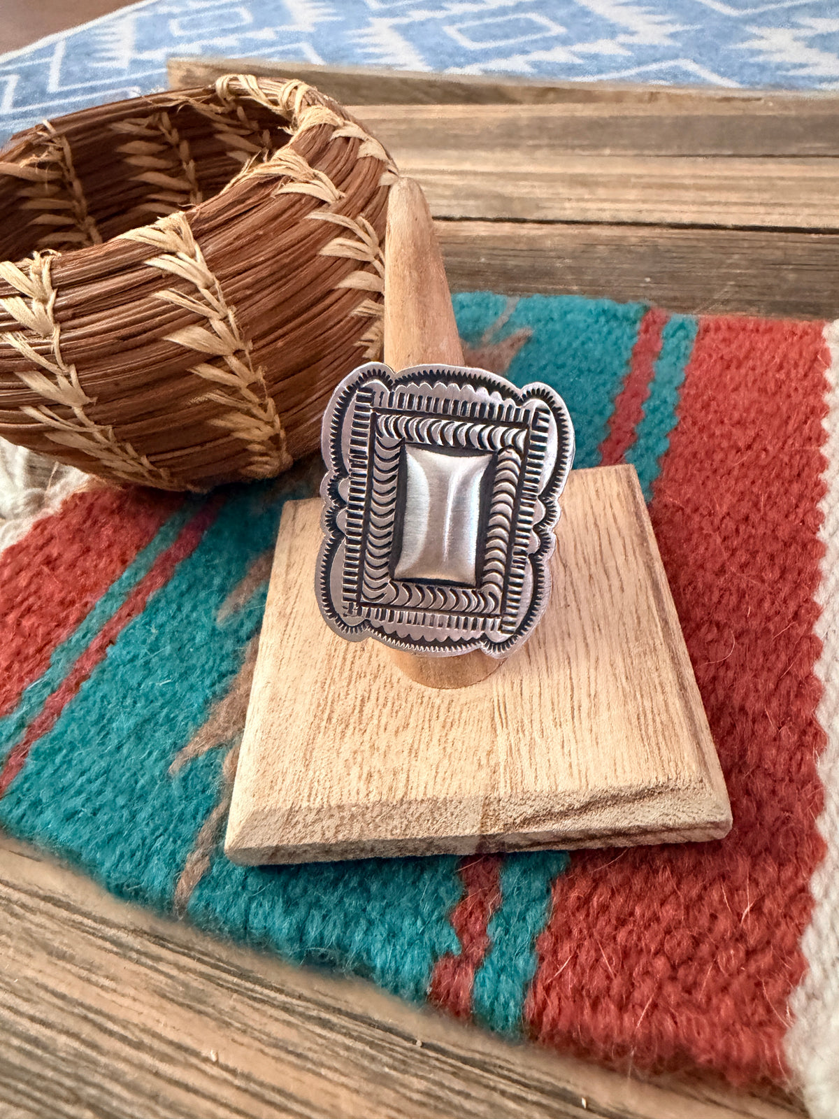 Handcrafted Sterling Silver Adjustable Concho Ring by Leander Tahe