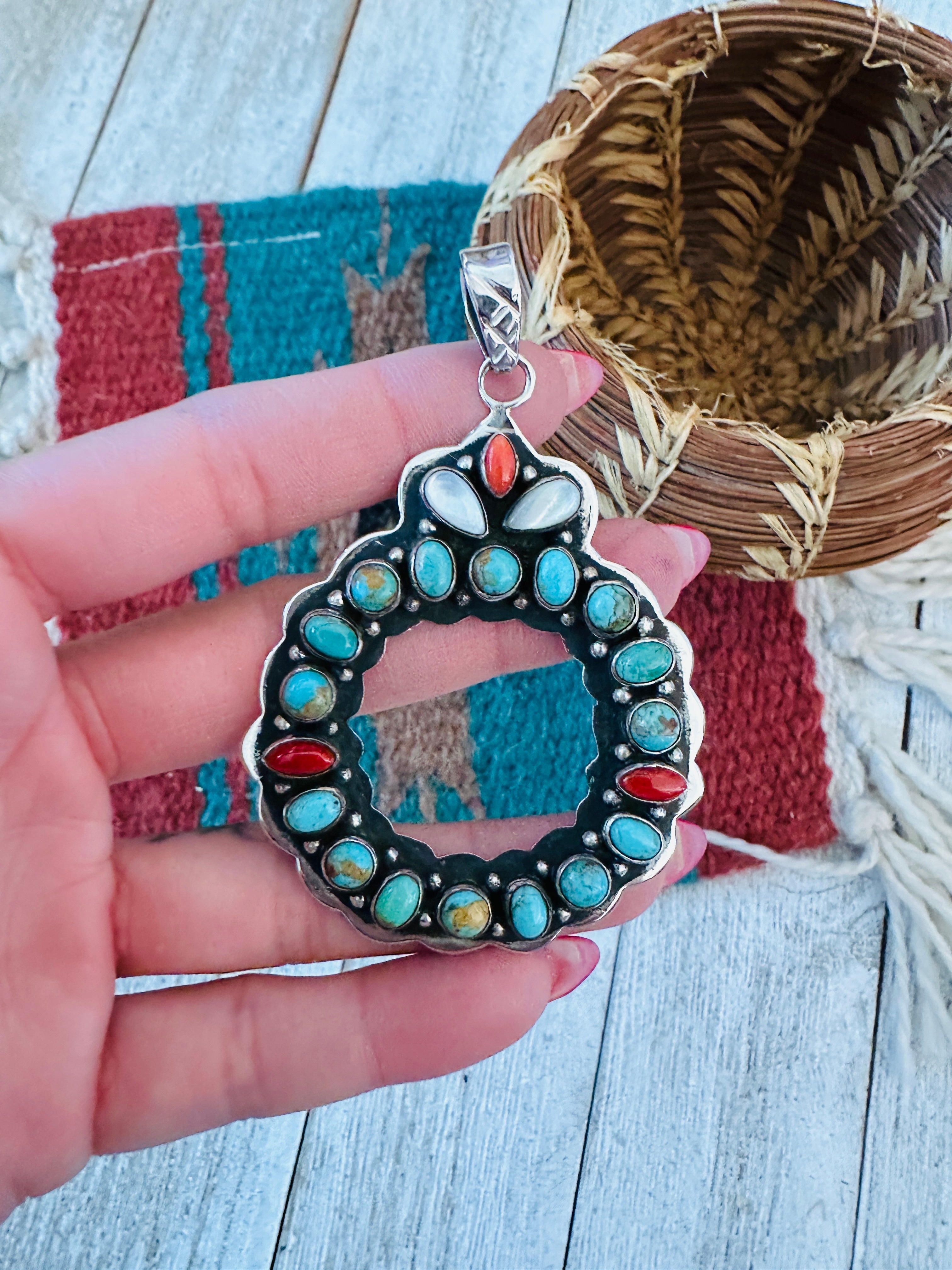 ** Christmas Collection ** Handmade Sterling Silver, Turquoise & Coral Wreath Pendant Signed Nizhoni