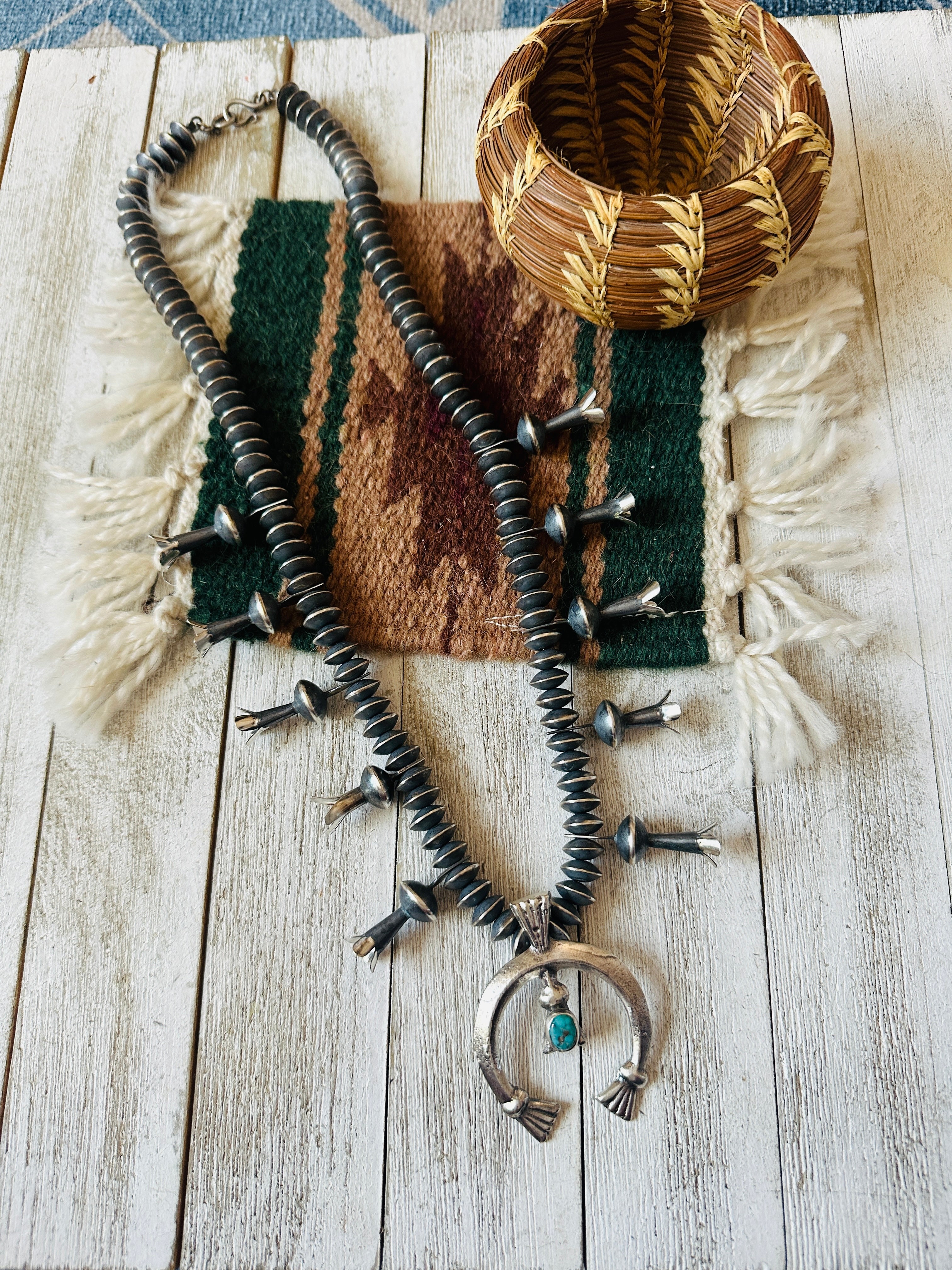 Handcrafted Turquoise & Sterling Silver Squash Blossom Necklace