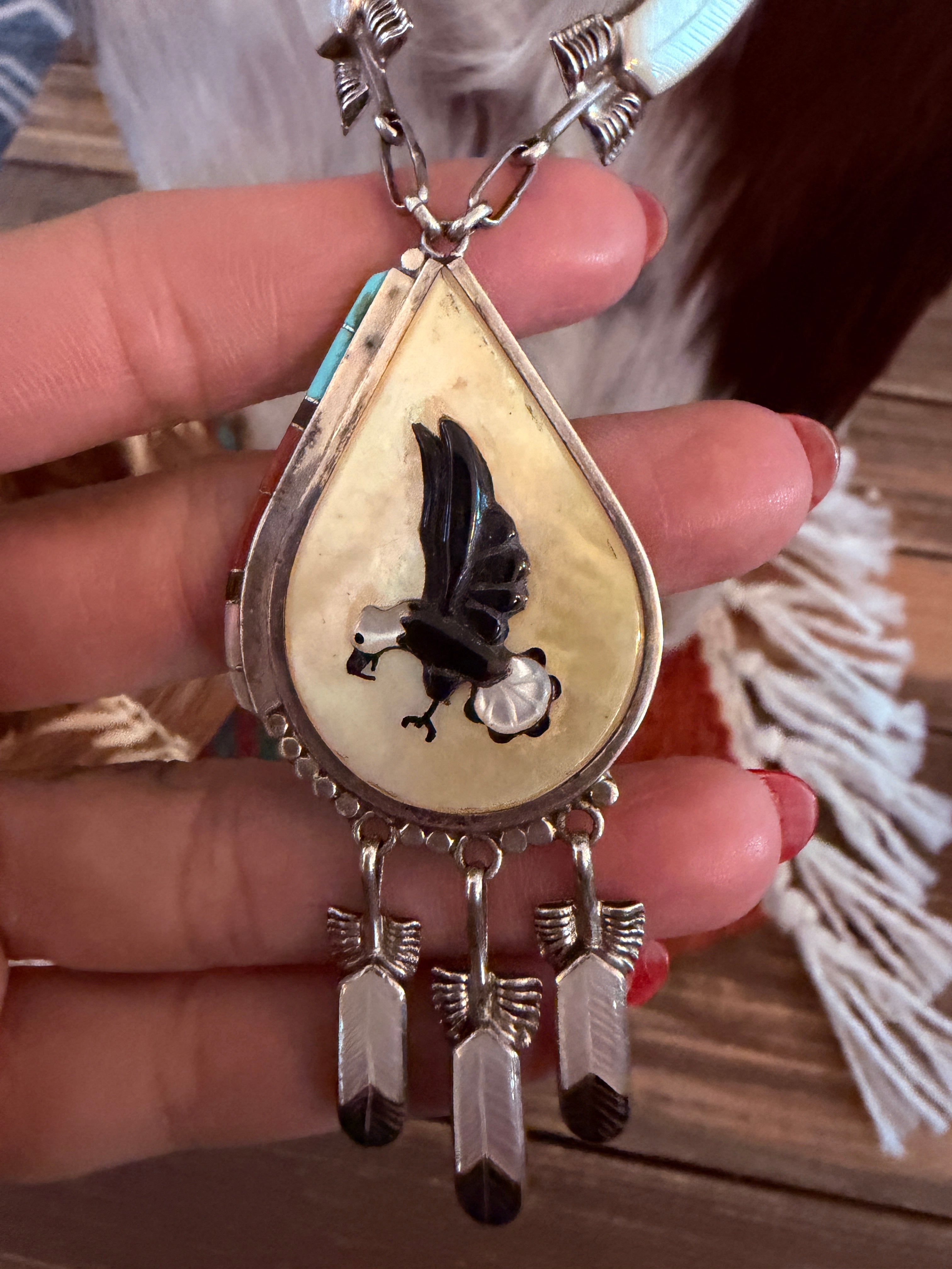 Old Pawn Handcrafted Sterling Silver and Multi Stone Bald Eagle Inlay Necklace by Don C. Dewa