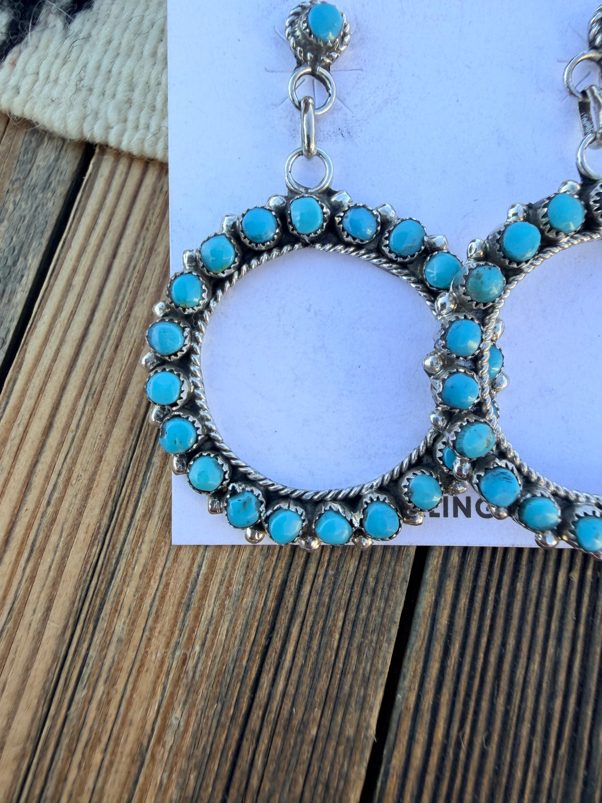 Handcrafted Sterling Silver & Turquoise Petit Point Dangle Hoop Earrings