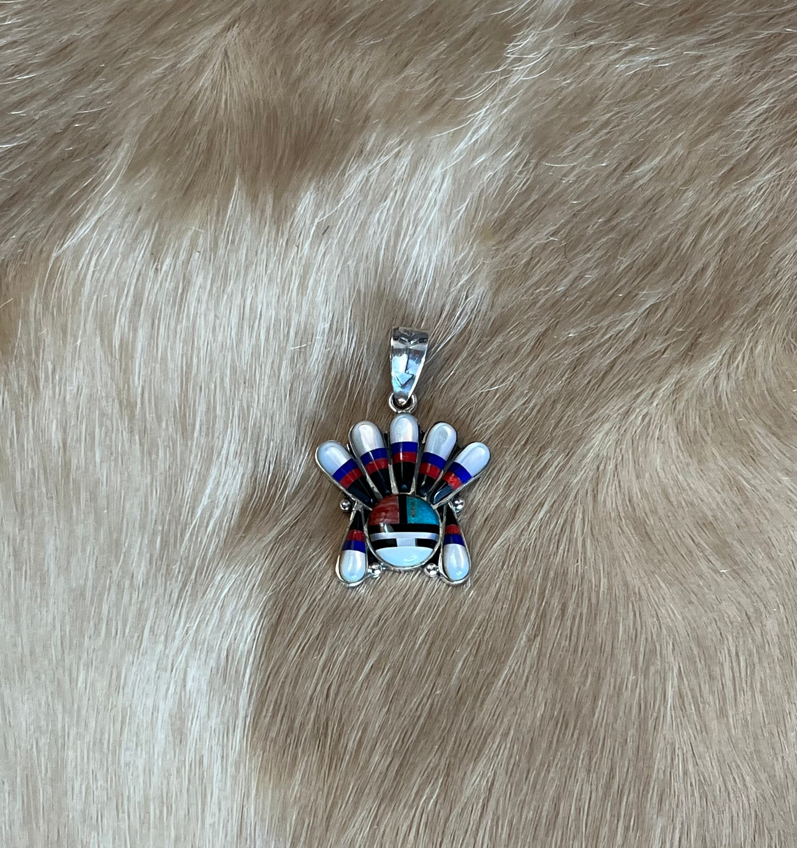 Handmade MultiStone Inlay Sun Face Sterling Silver Pendant