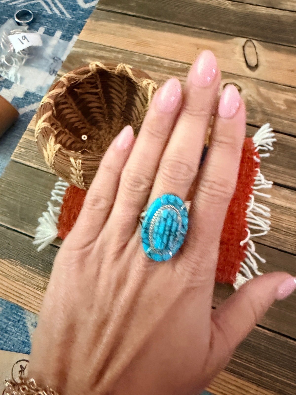 Old Pawn Handcrafted Turquoise & Sterling Silver Inlay Ring Size 11