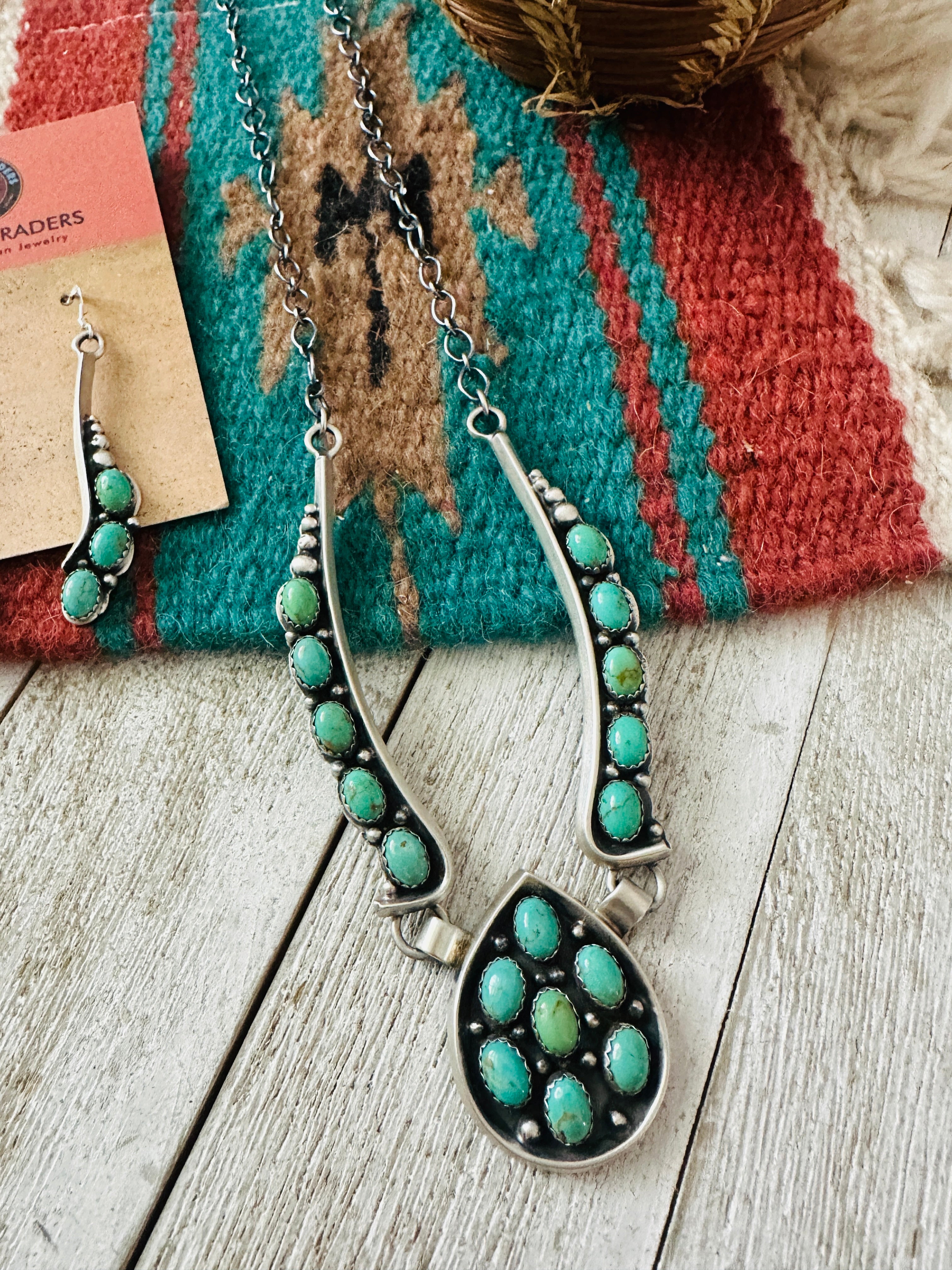 Handcrafted Sterling Silver & Turquoise Cluster Necklace and Earring Set