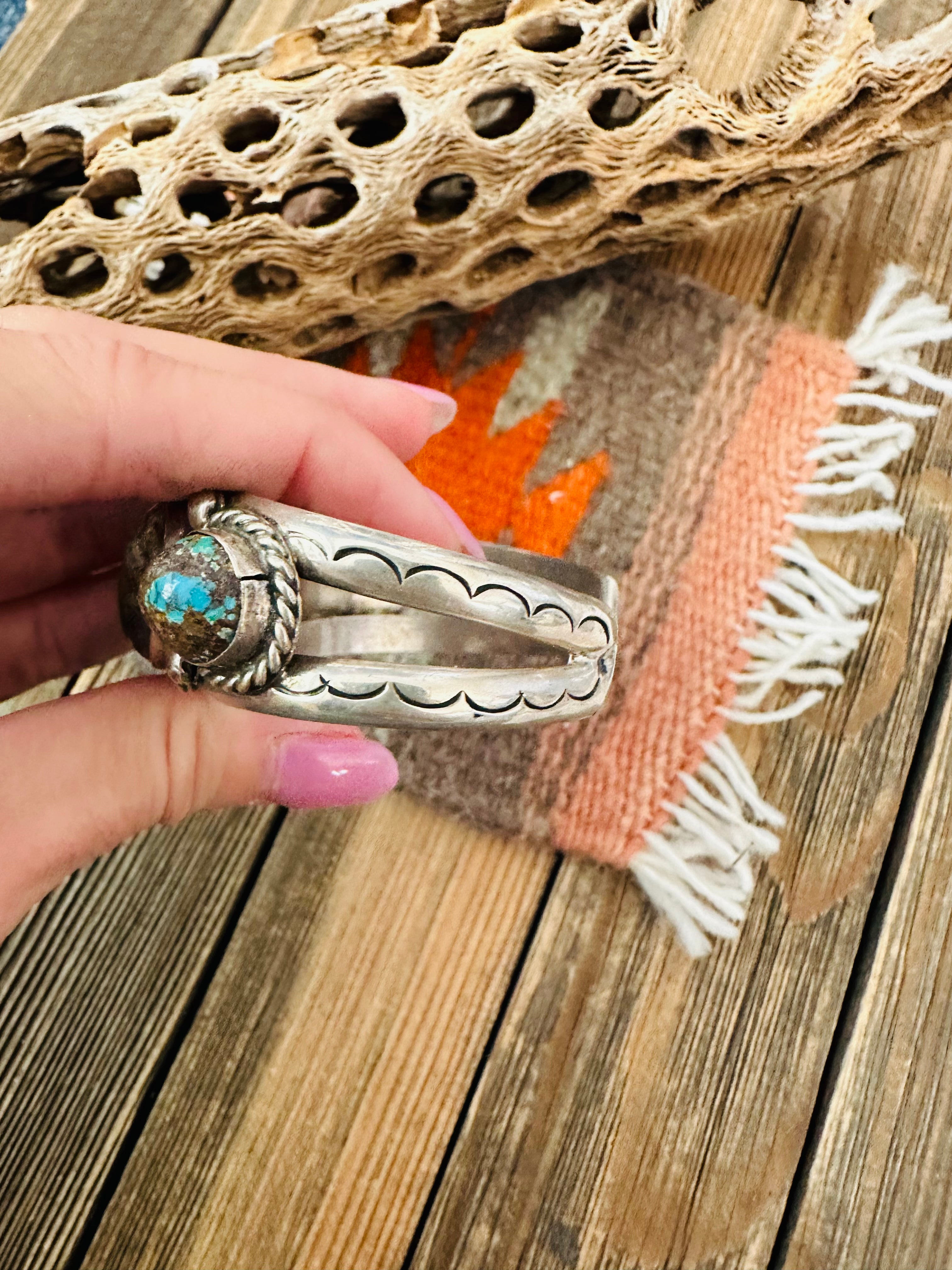 Navajo Old Pawn Morenci Turquoise & Sterling Silver Cuff Bracelet /