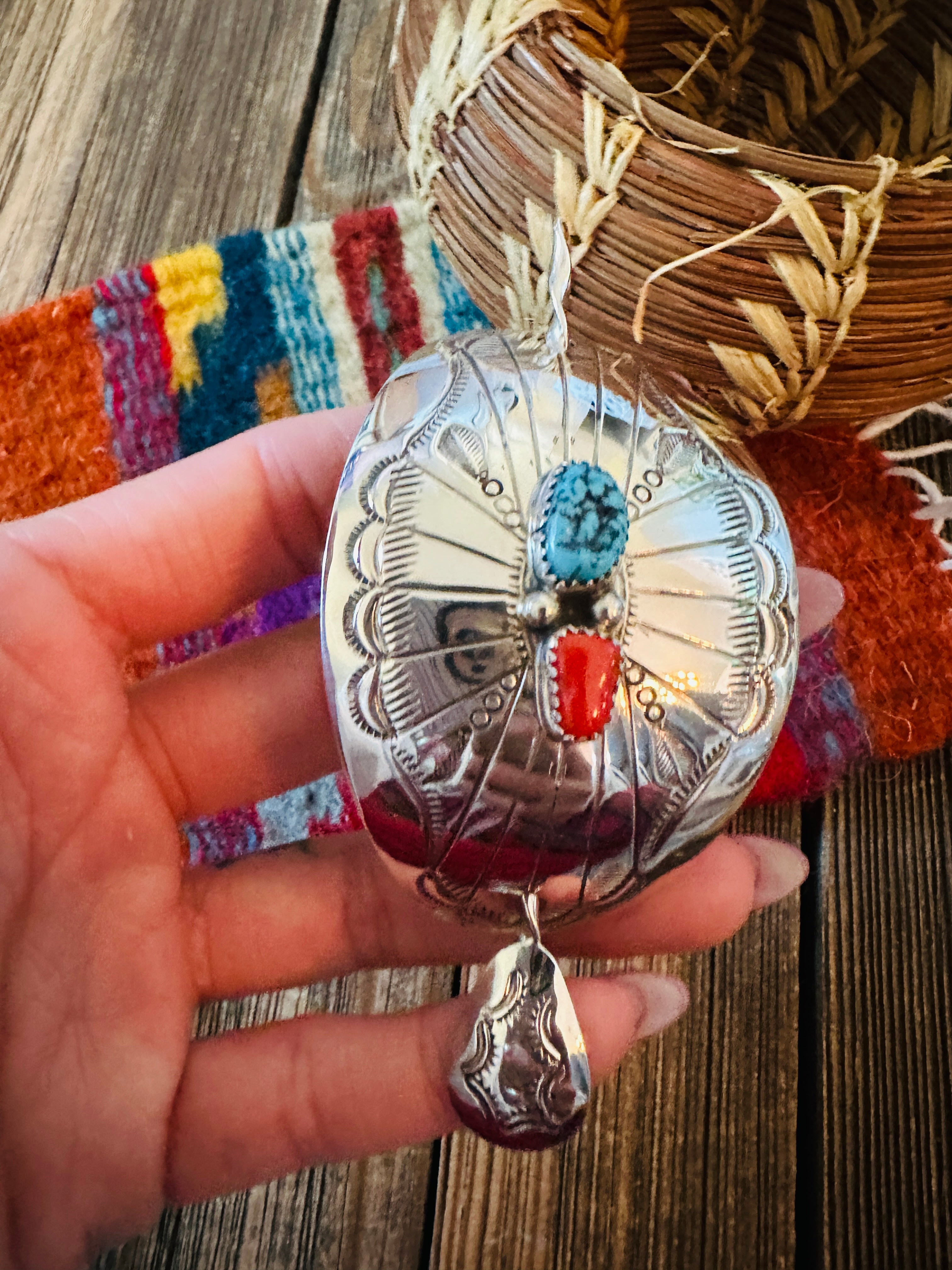 Handcrafted Turquoise, Coral & Sterling Silver Concho Hair Pin