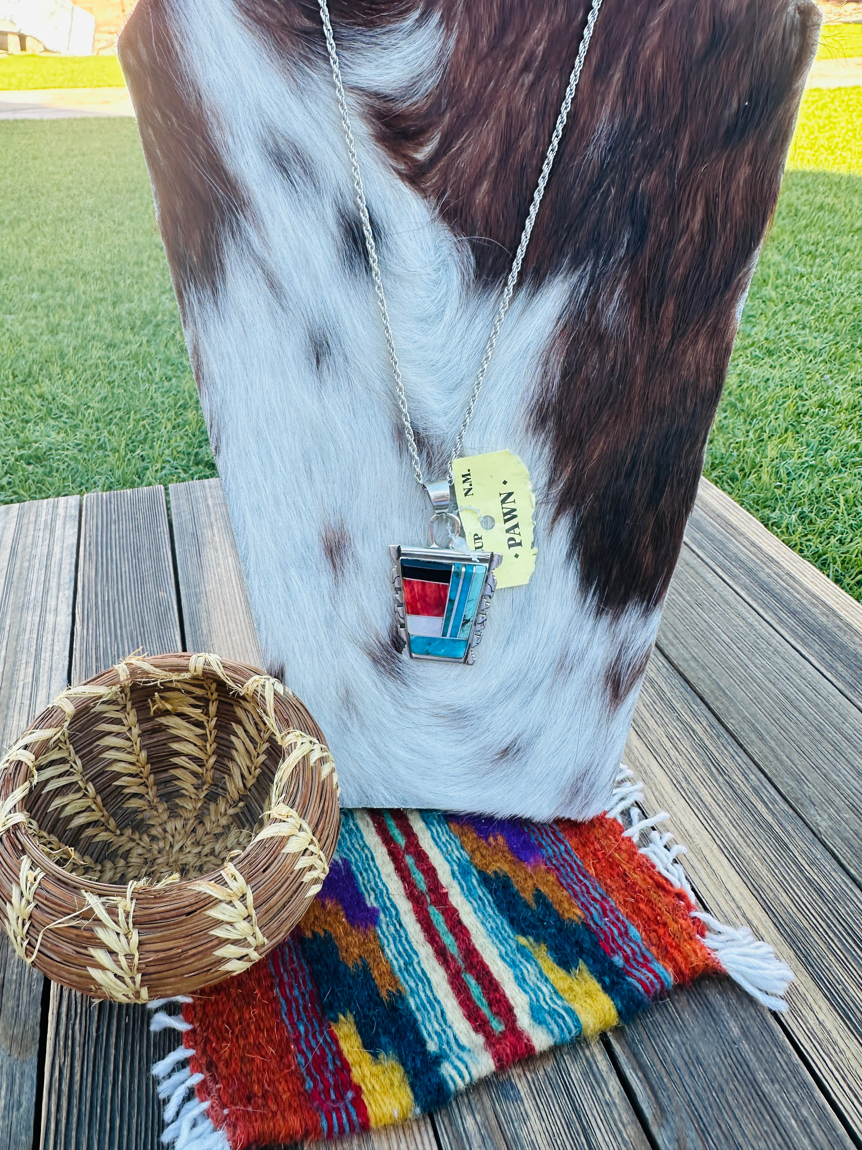 Old Pawn Handcrafted Sterling Silver and Multi Stone Inlay Necklace