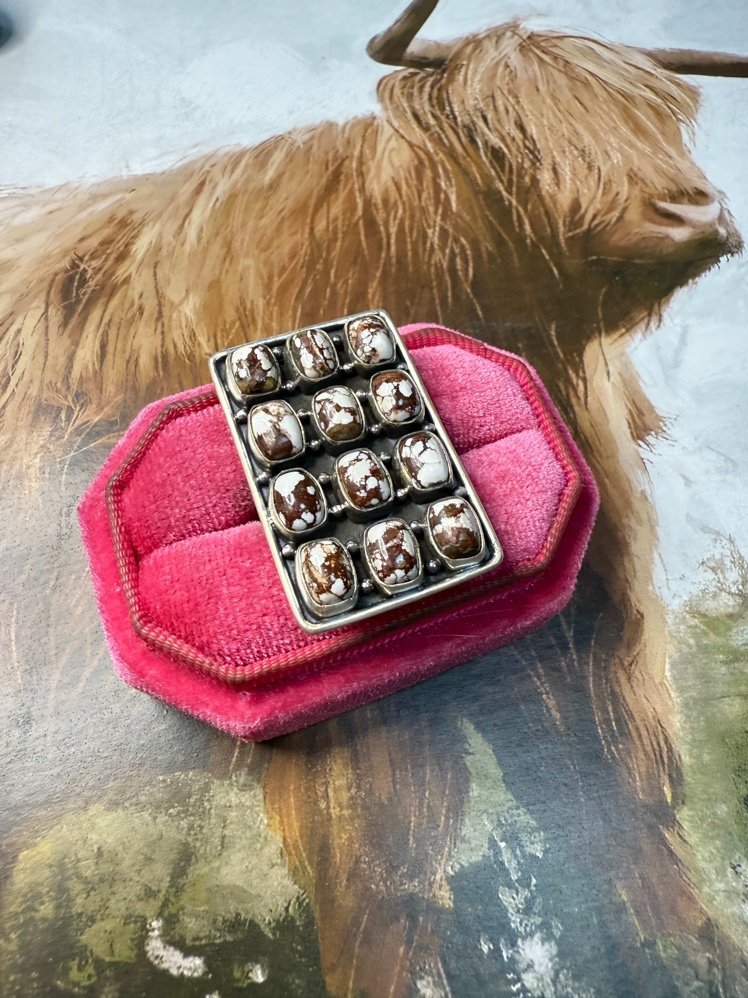 Handmade Wild Horse And Sterling Silver Adjustable 12 Stone Ring