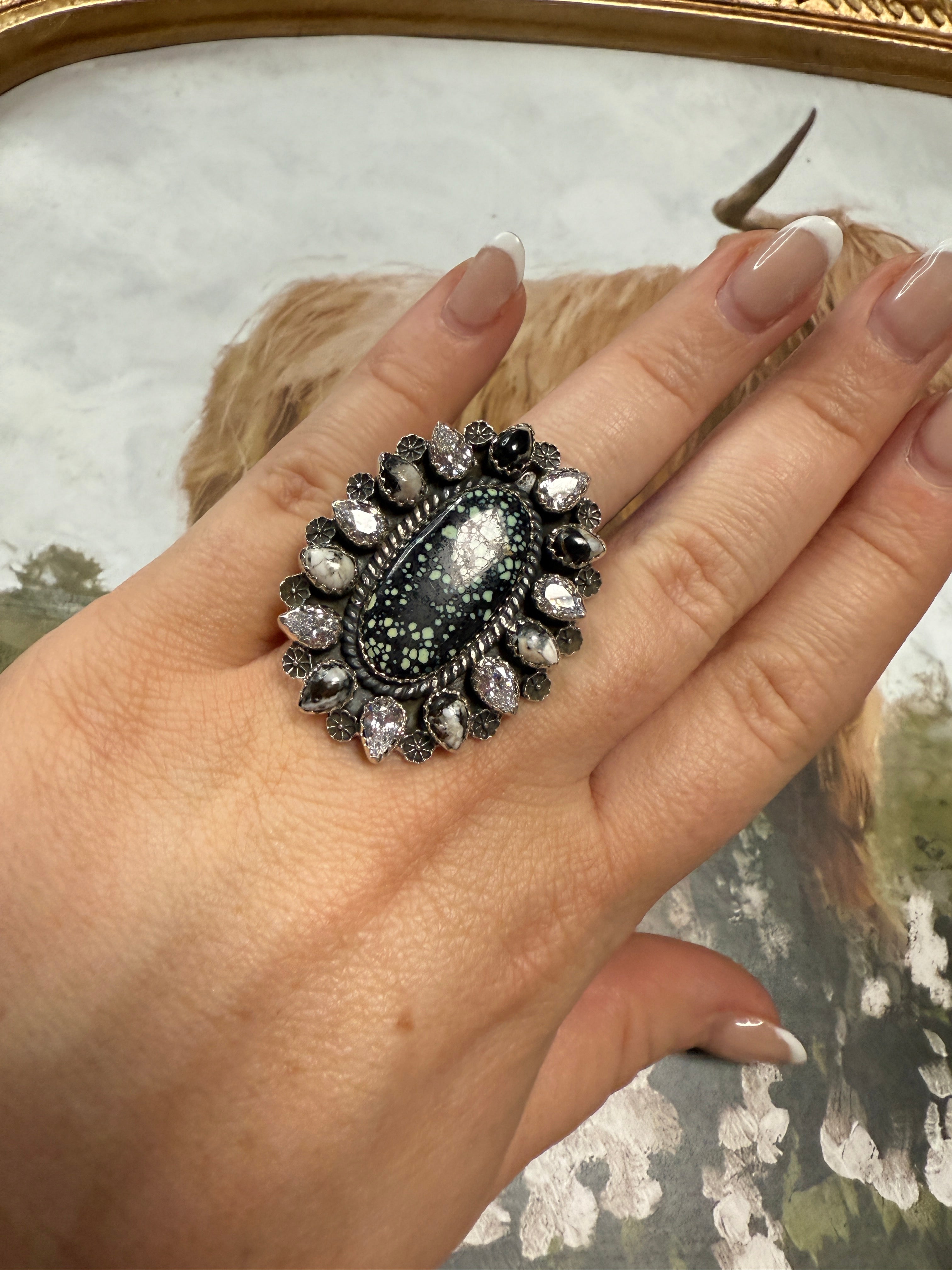 Beautiful Handmade New Lander Turquoise, CZ, White Buffalo And Sterling Silver Adjustable Ring