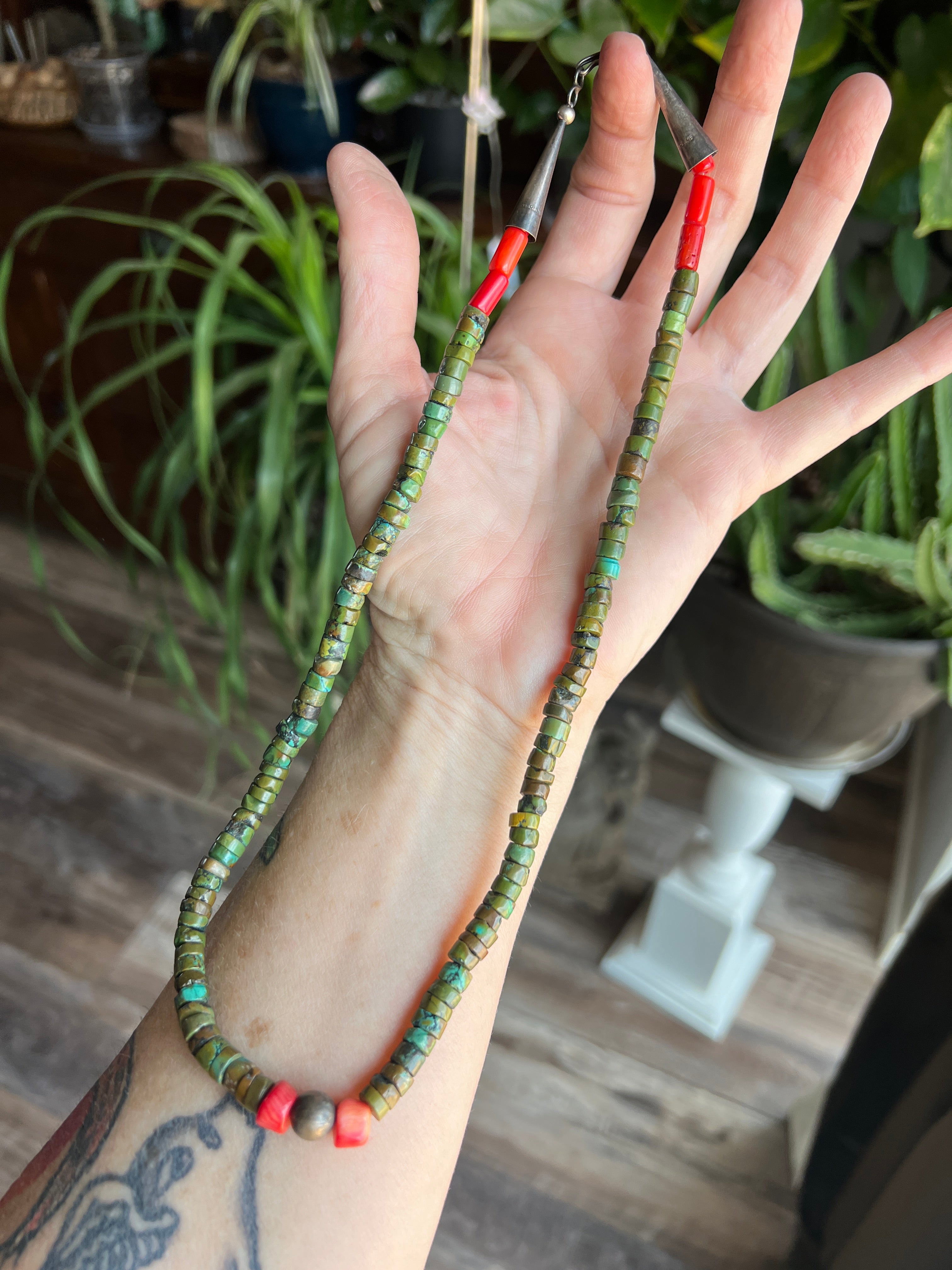 Handcrafted Hubei Turquoise Beaded Necklace with Sterling Silver and Bamboo Coral by Kirby Smith: 13 To Choose From!