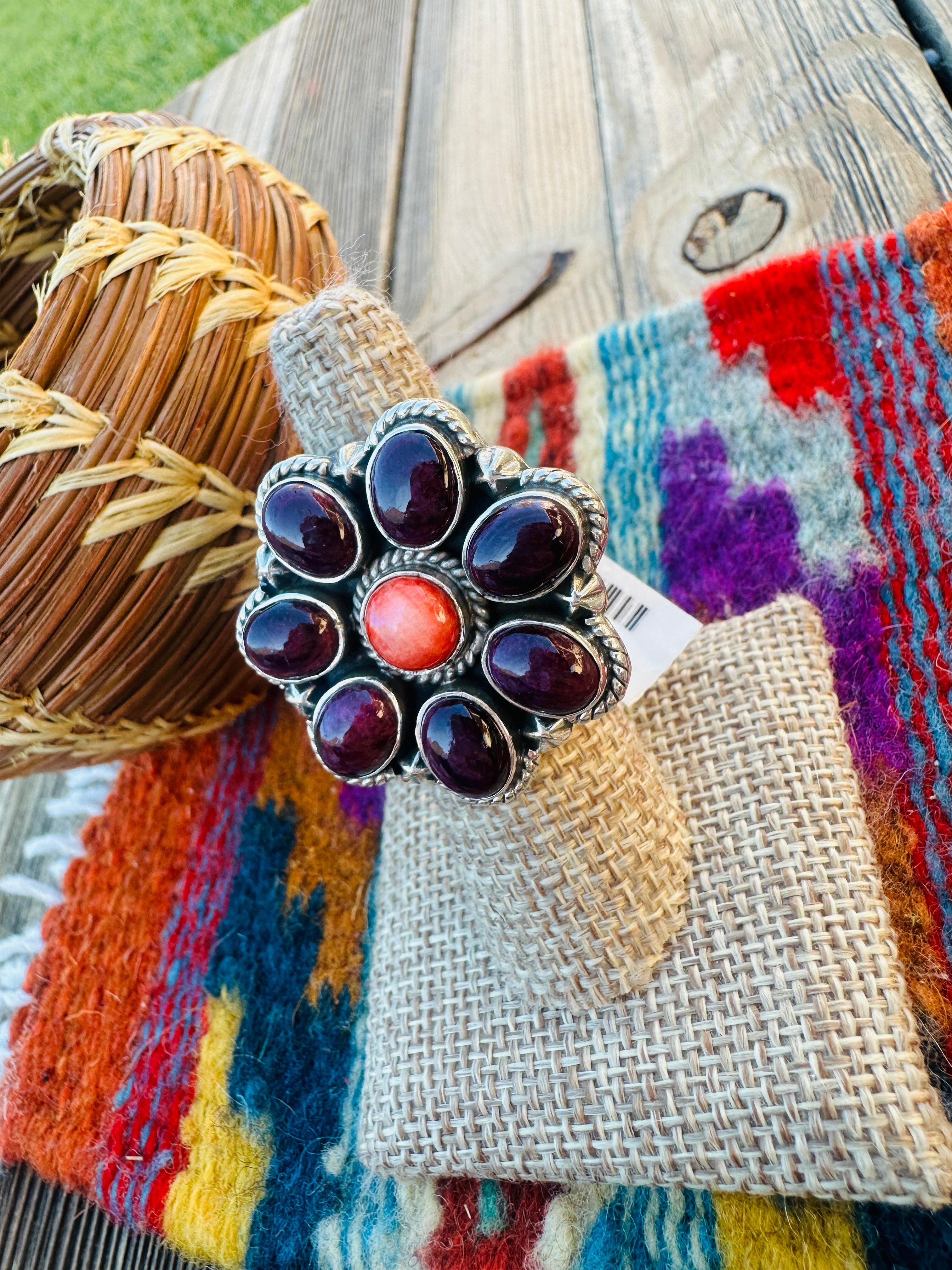 Handcrafted Spiny Oyster & Sterling Silver Cluster Flower Ring Size 7