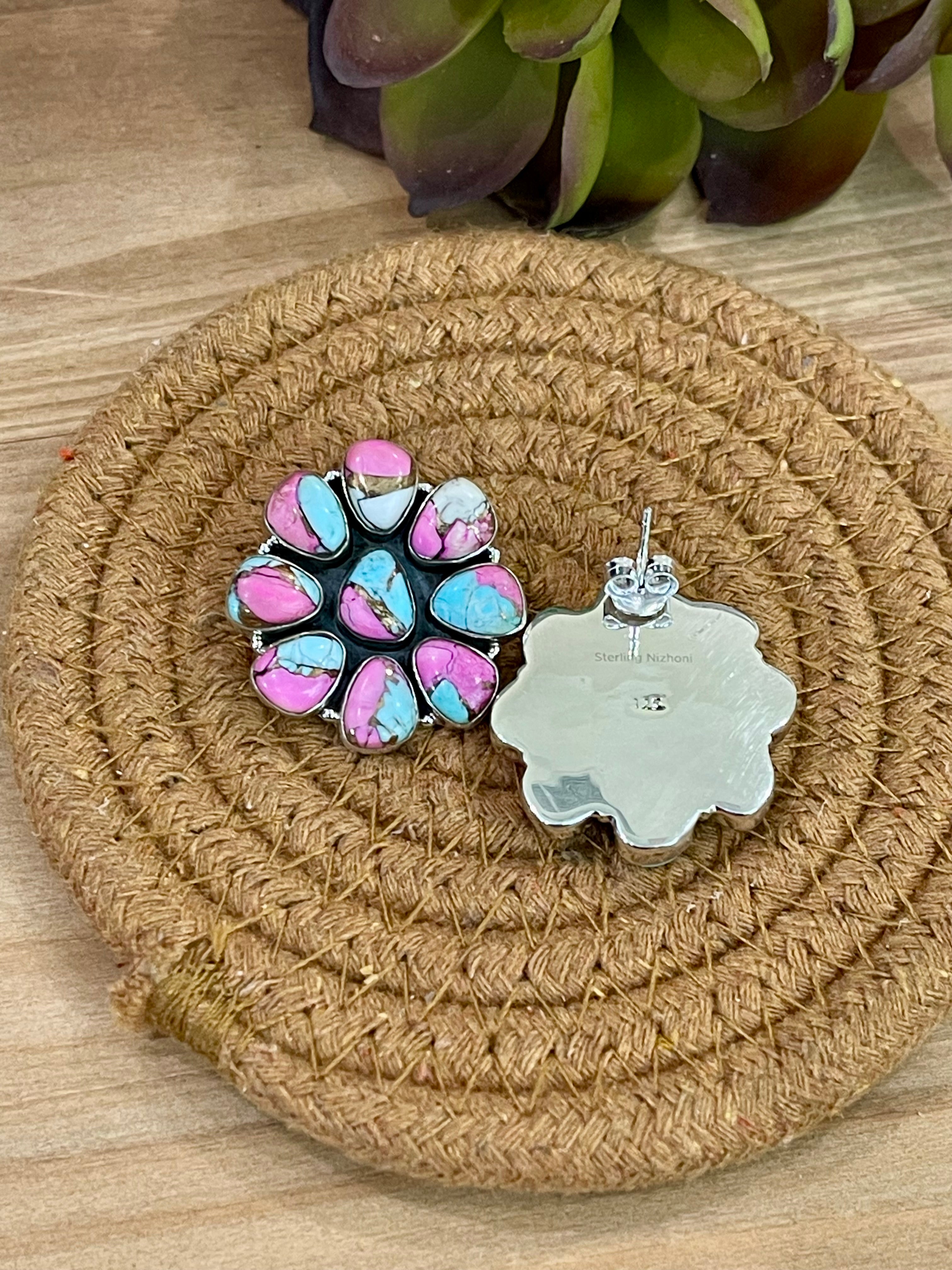 Handmade Sterling Silver Cotton Candy Turquoise Post Earrings with Signed Nizhoni