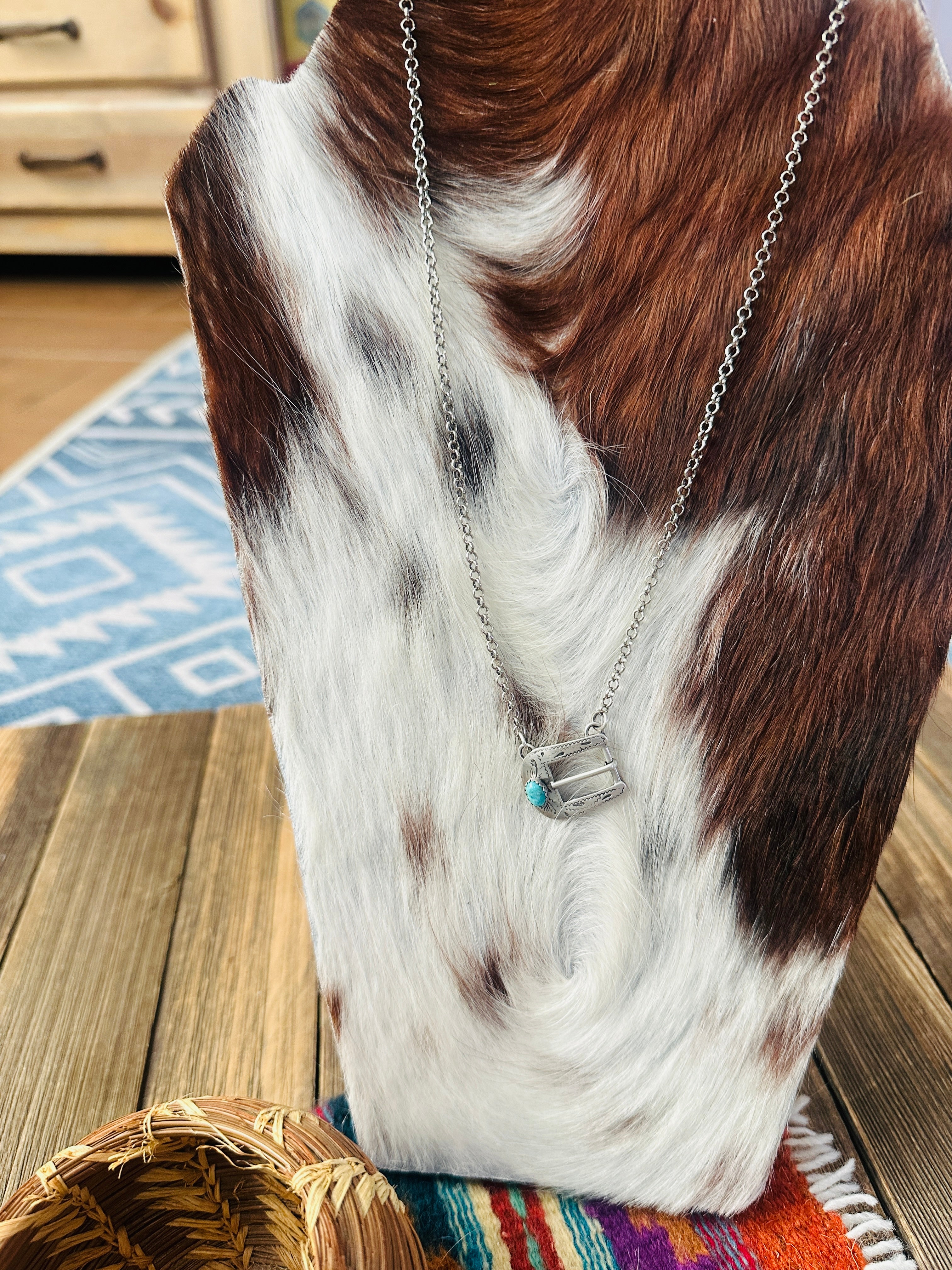 Handcrafted Turquoise & Sterling Silver Belt Buckle Necklace by Patrick Yazzie