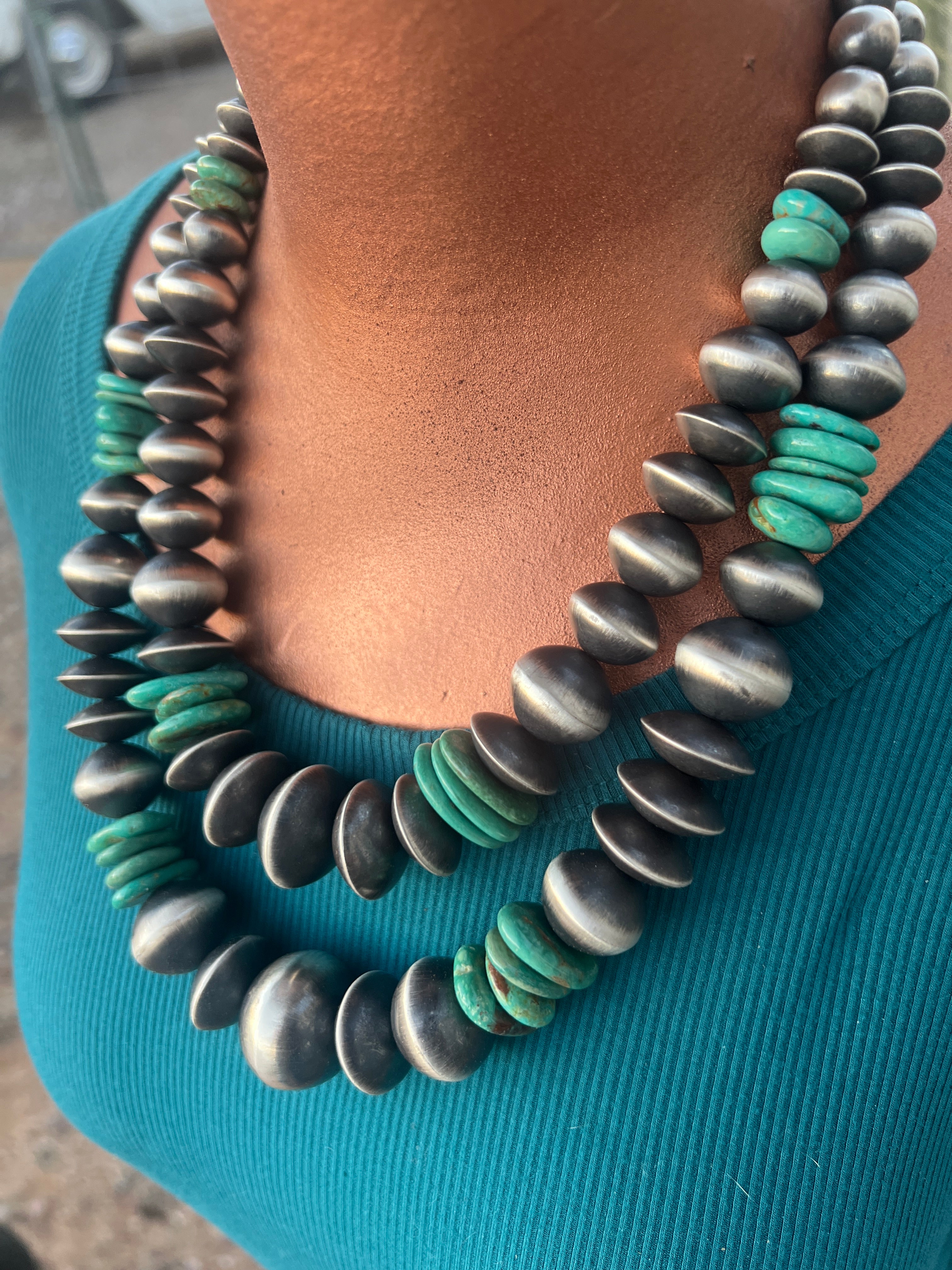 Handcrafted Chunky Sterling Silver and Kingman Turquoise Beaded Necklace by Rose Martin, 19 and 22 inches