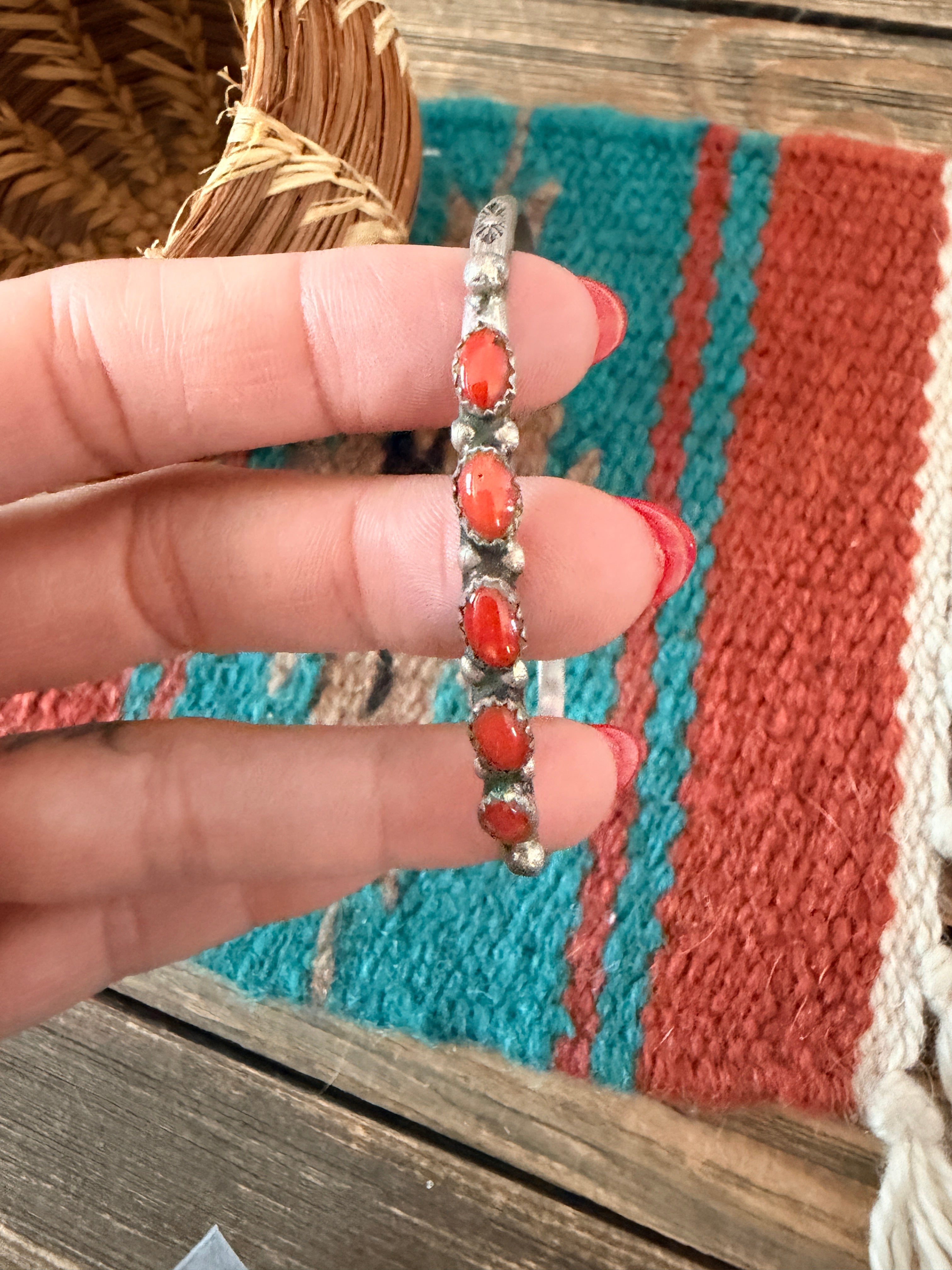 Handcrafted Old Pawn Sterling Silver & Coral Cuff Bracelet