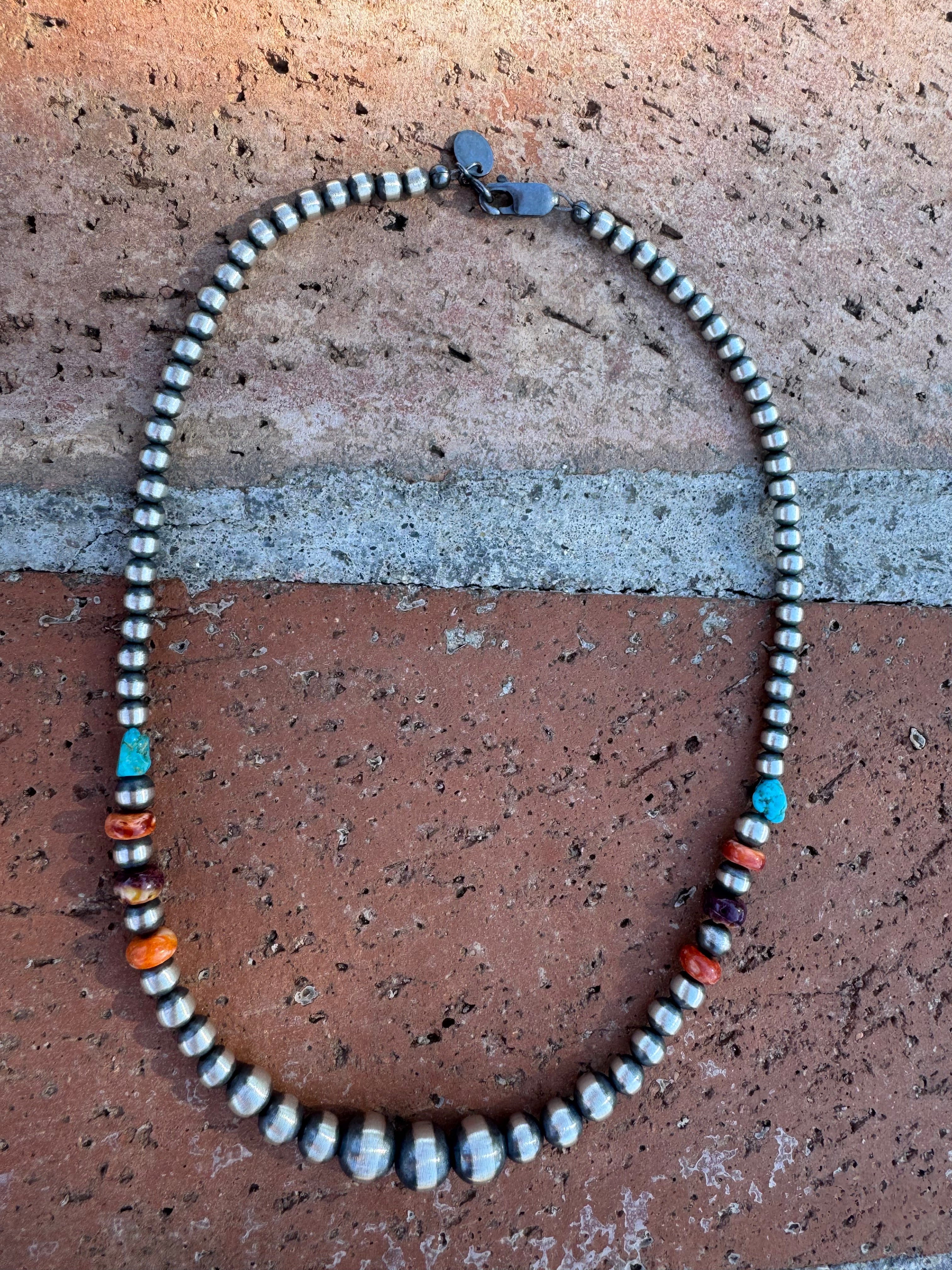 Sterling Silver & Multi Stone Beaded 4-6mm Necklace 14"