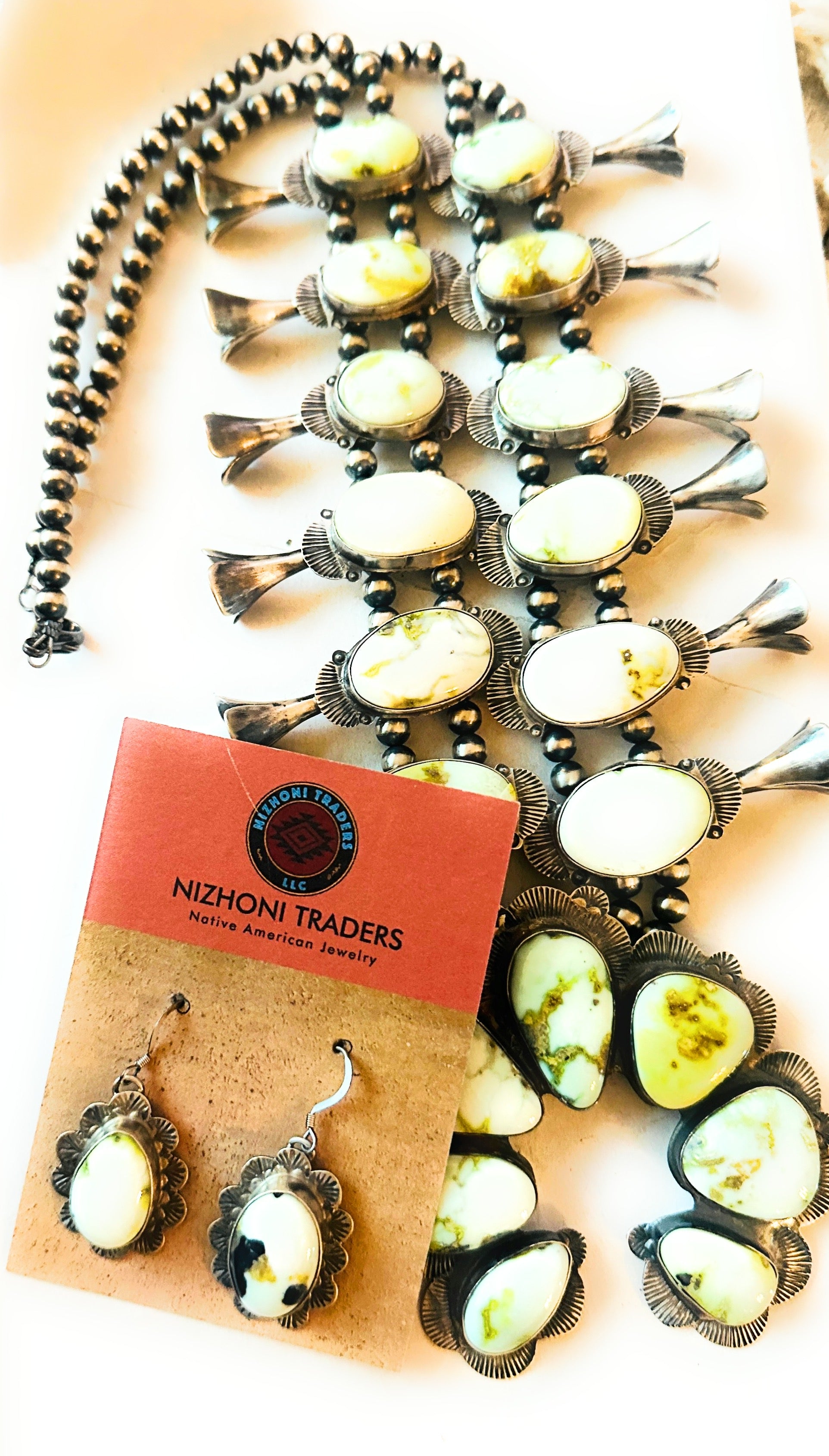 Navajo Palomino Variscite Turquoise & Sterling Silver Squash Blossom Necklace Set by Kee Yazzie Jr.