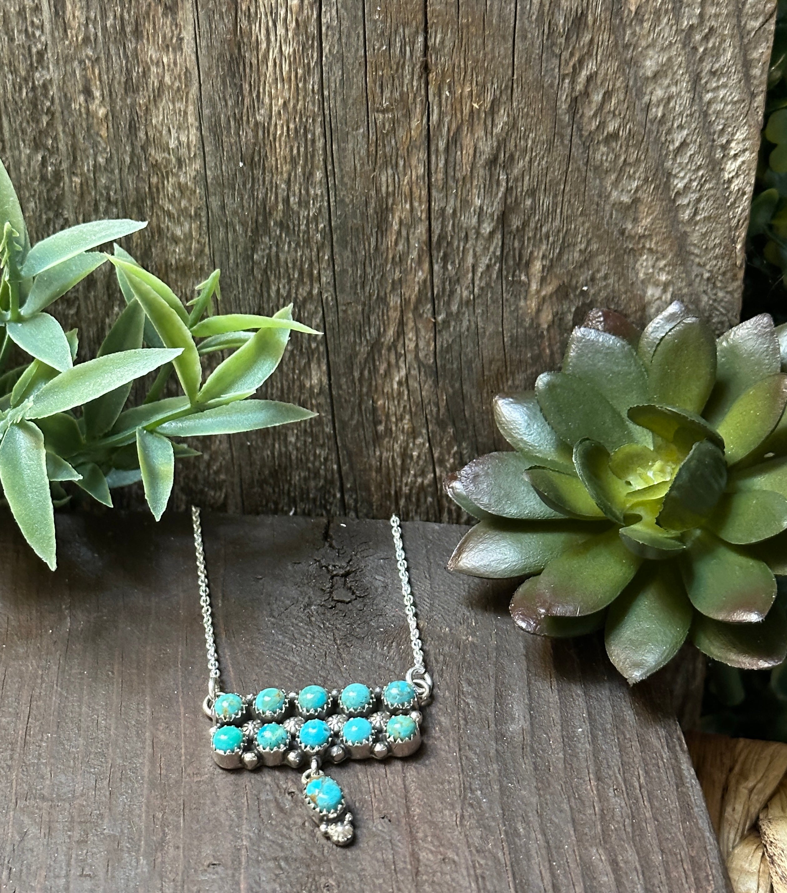 Handmade Sterling Silver & Turquoise Tear Drop Dangle, Bar Necklace