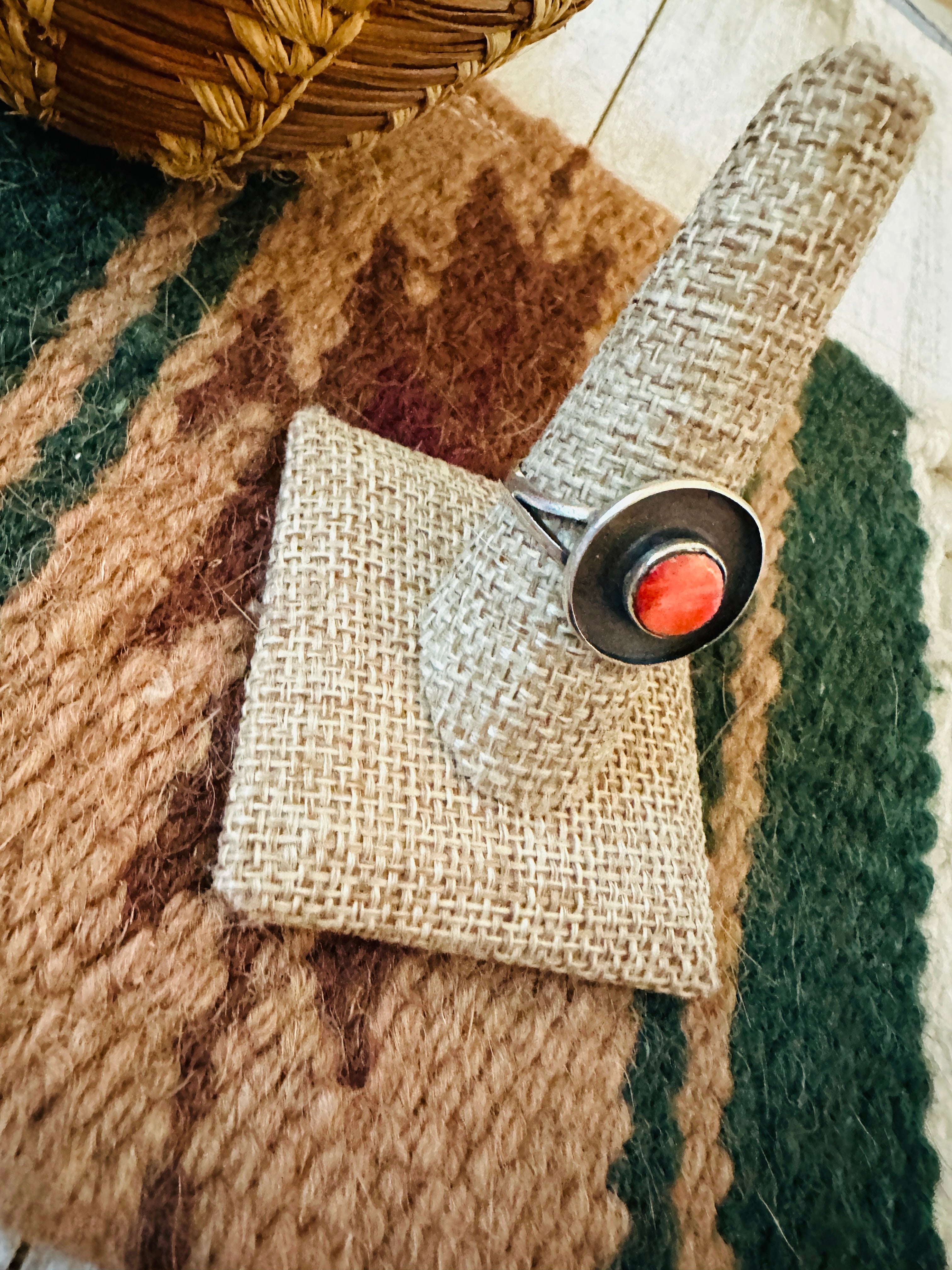 Handcrafted Old Pawn Sterling Silver & Red Spiny Ring Size 9.25