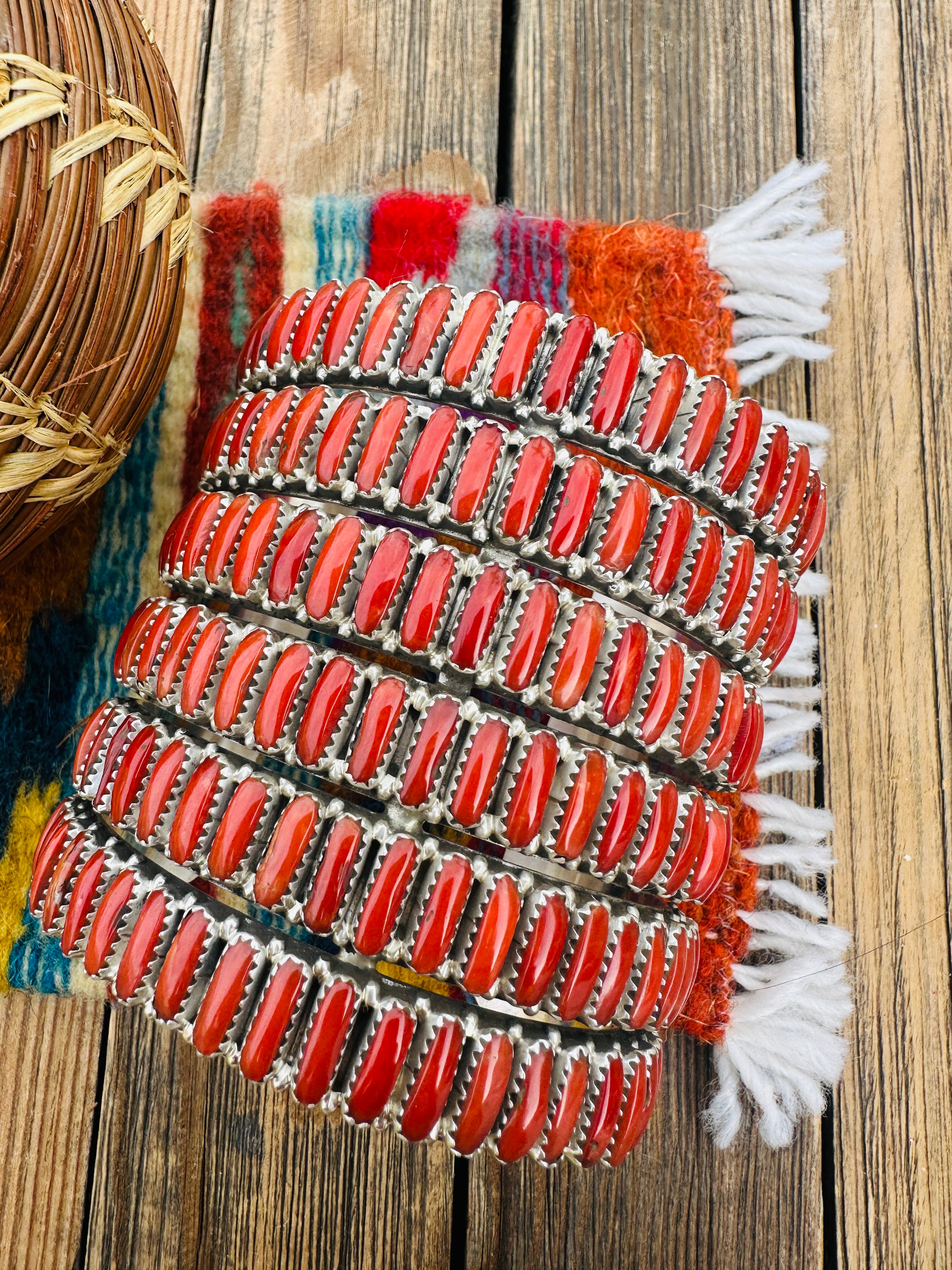 Handcrafted Coral & Sterling Silver Cluster Cuff Bracelet