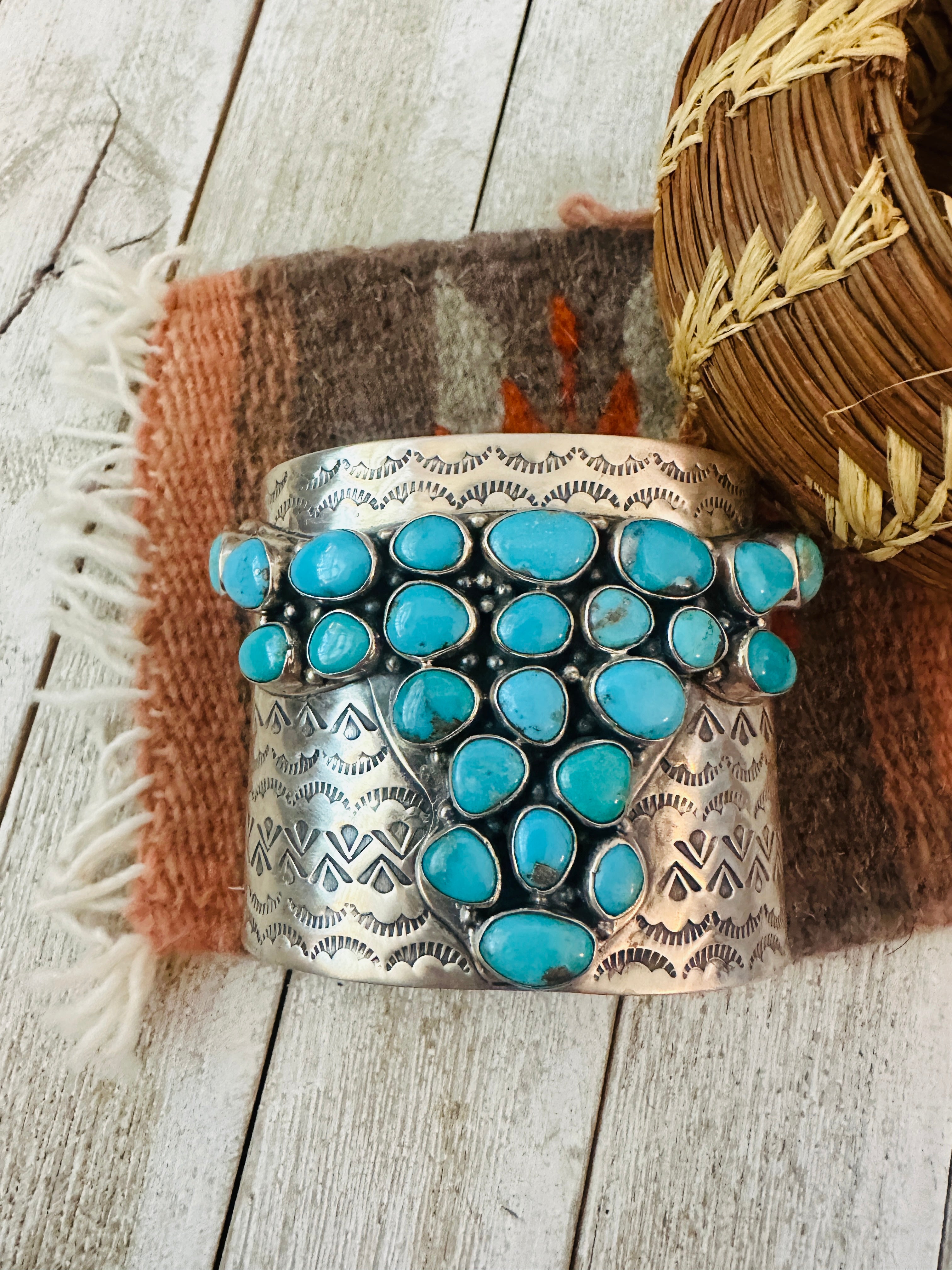 Handcrafted Sterling Silver & Turquoise Bullhead Cluster Cuff Bracelet /
