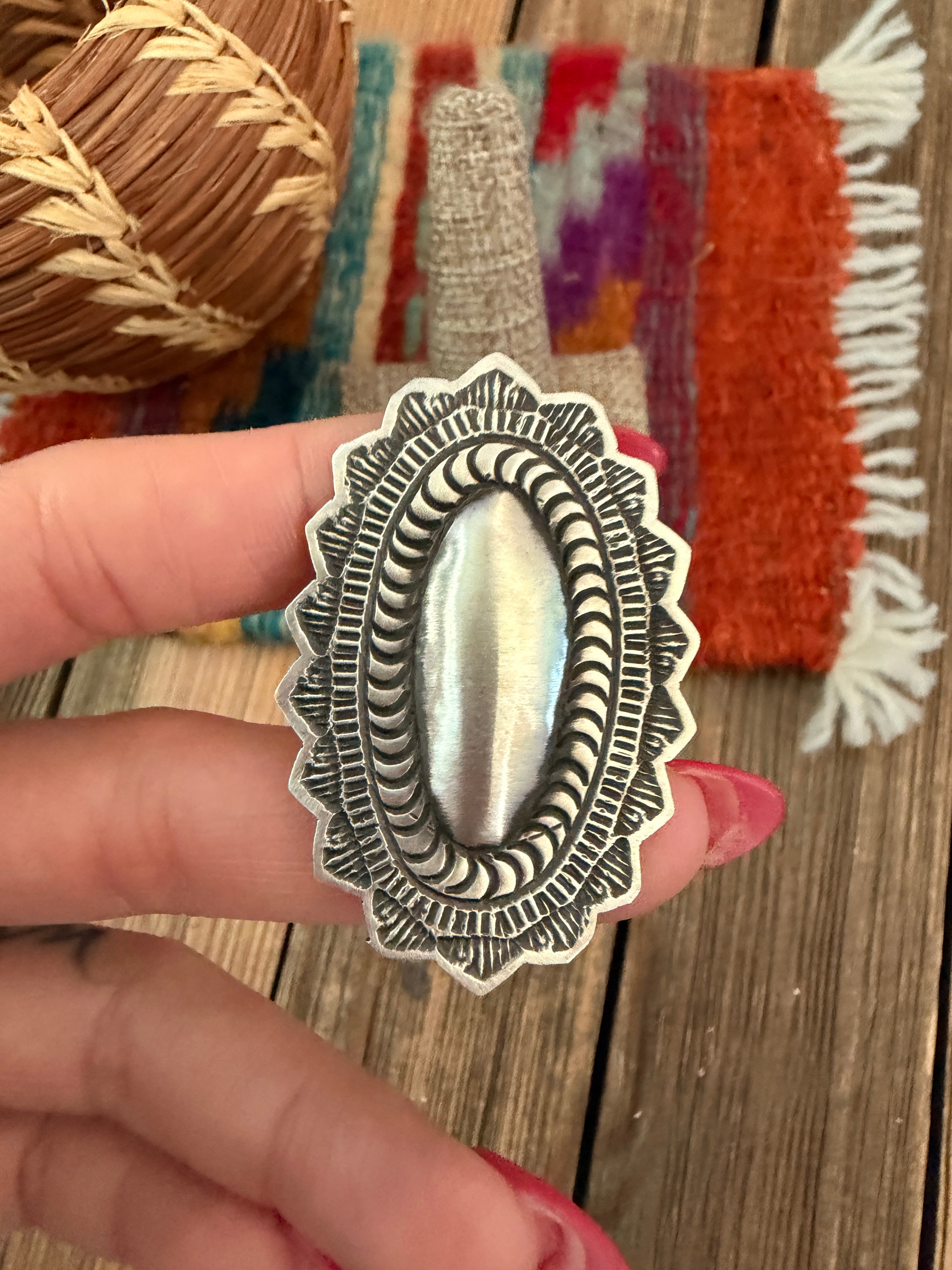 Handcrafted Sterling Silver Adjustable Concho Ring by Leander Tahe