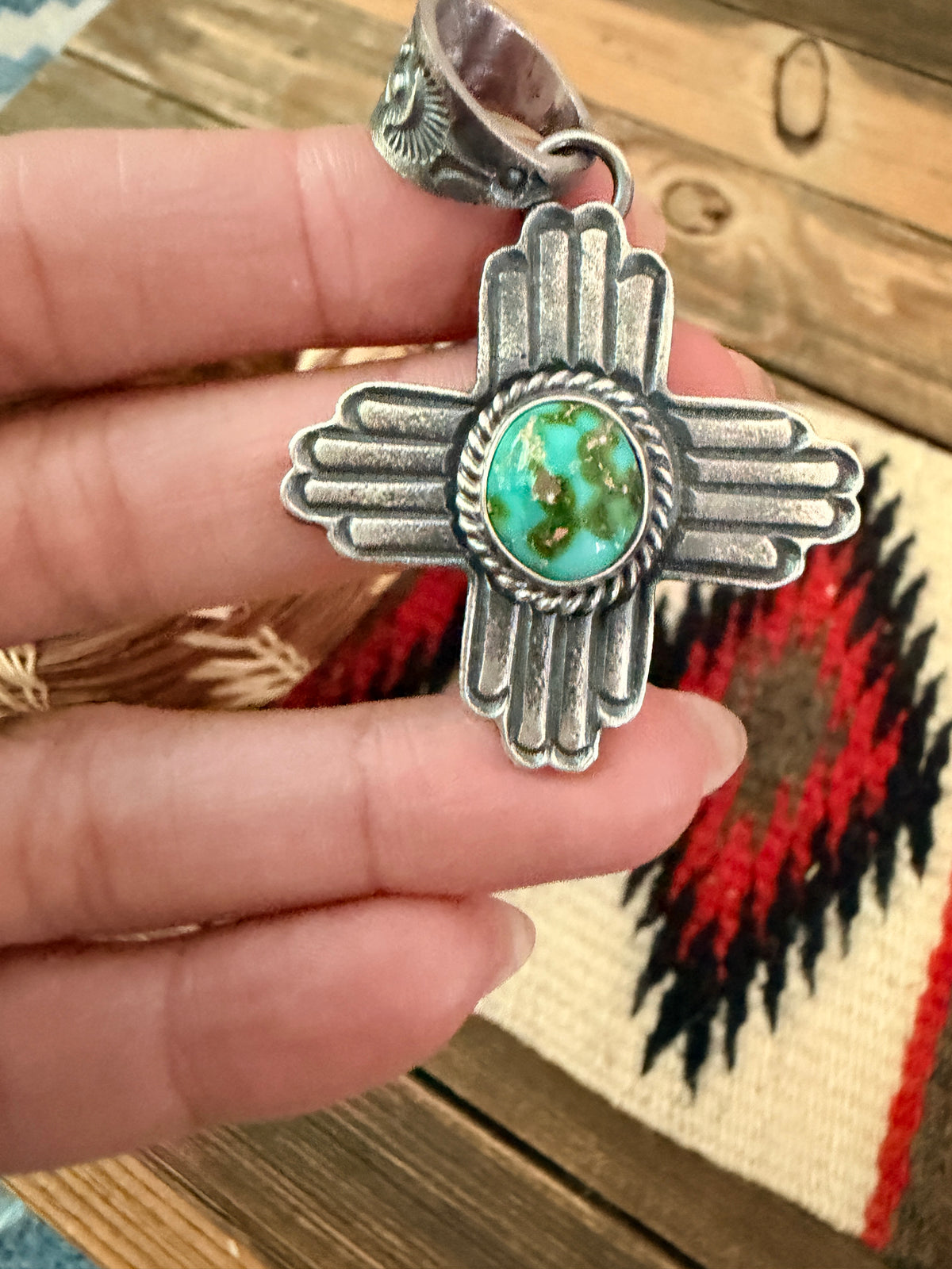 Handcrafted Sterling Silver & Sonoran Mountain Turquoise Zia Cross Pendant by Kevin Billah