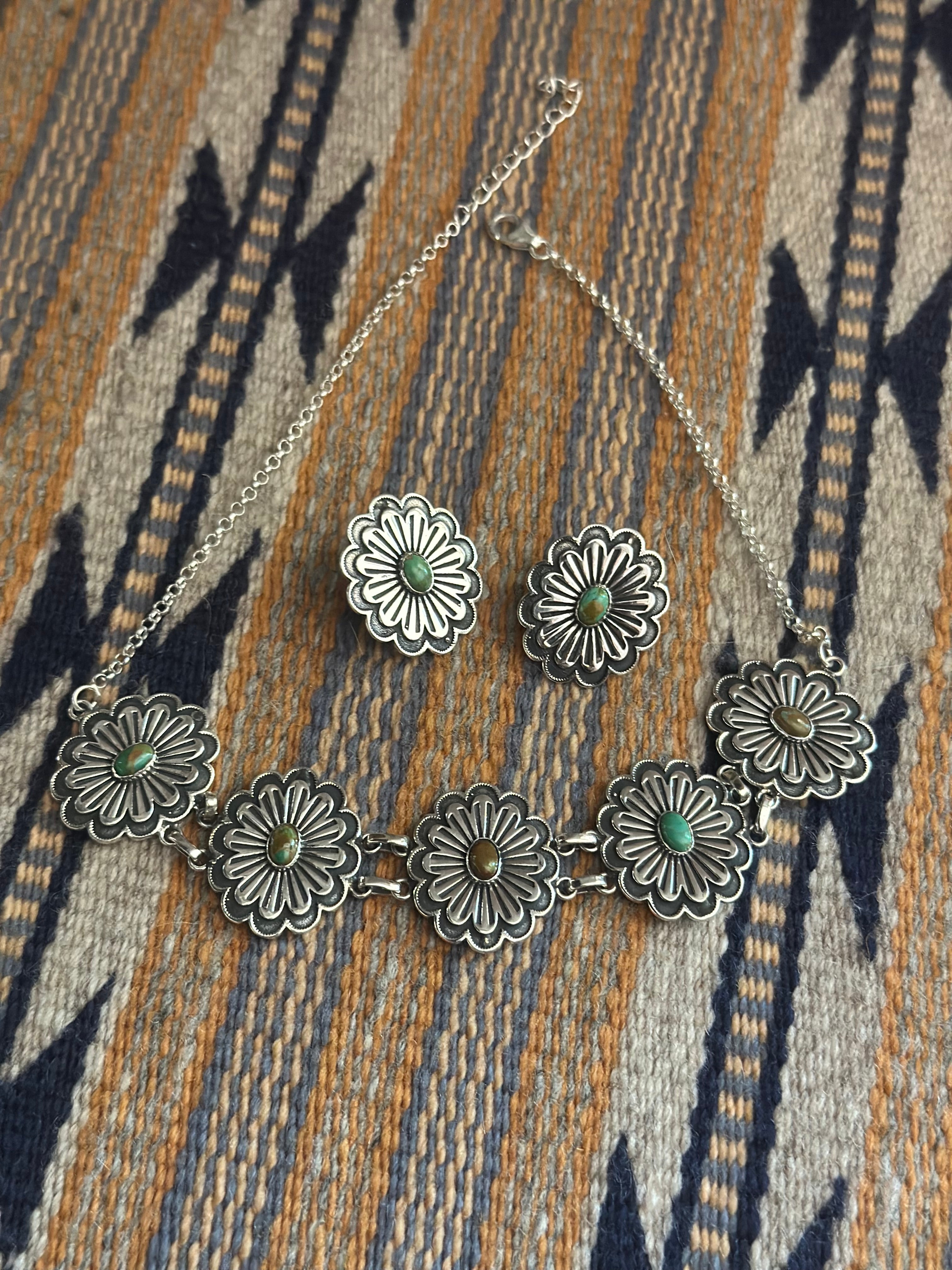Handmade Sterling Silver & Turquoise Flower Necklace Set
