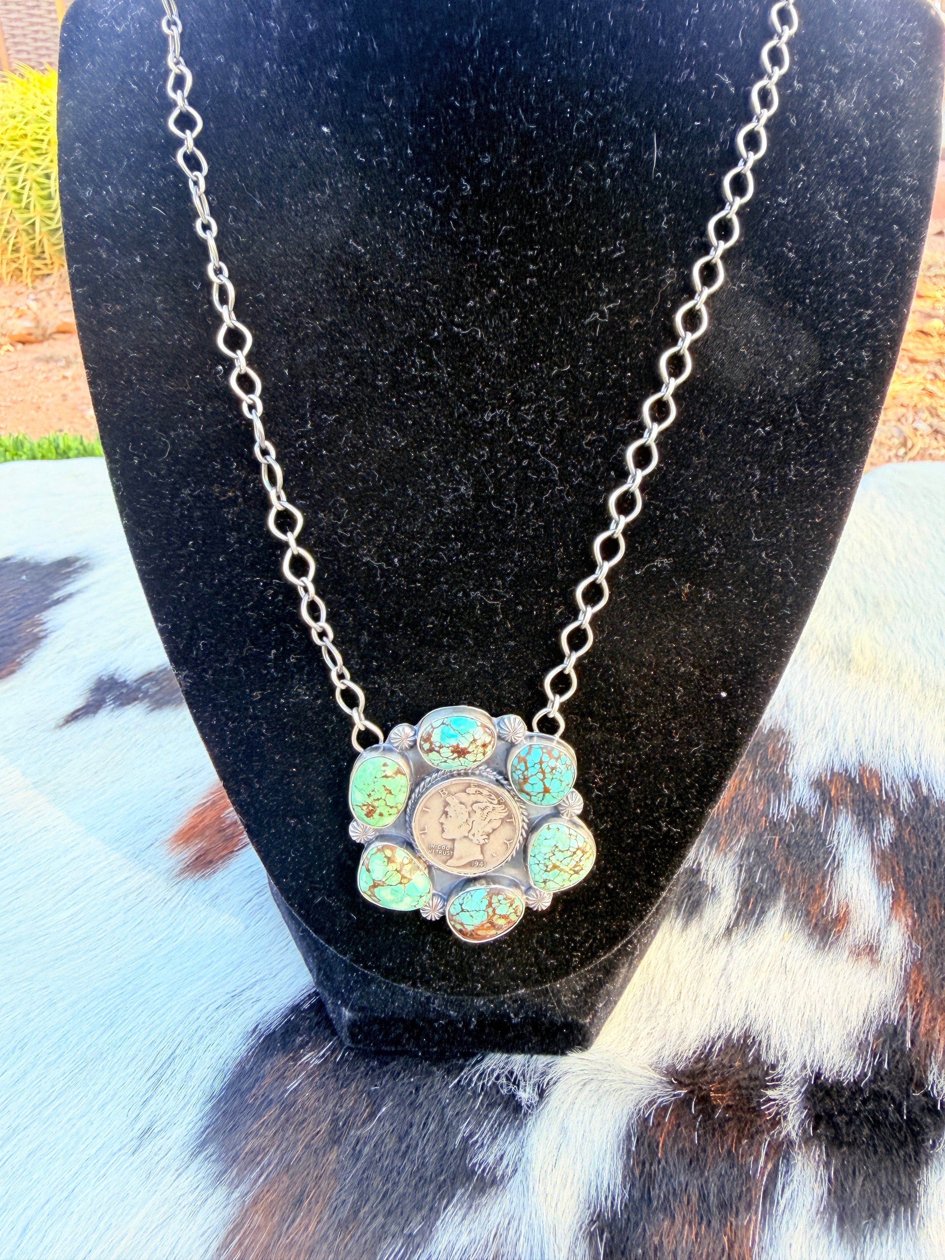 Handcrafted Number 8 Turquoise & Sterling Silver Liberty Dime Necklace by Sheila Tso