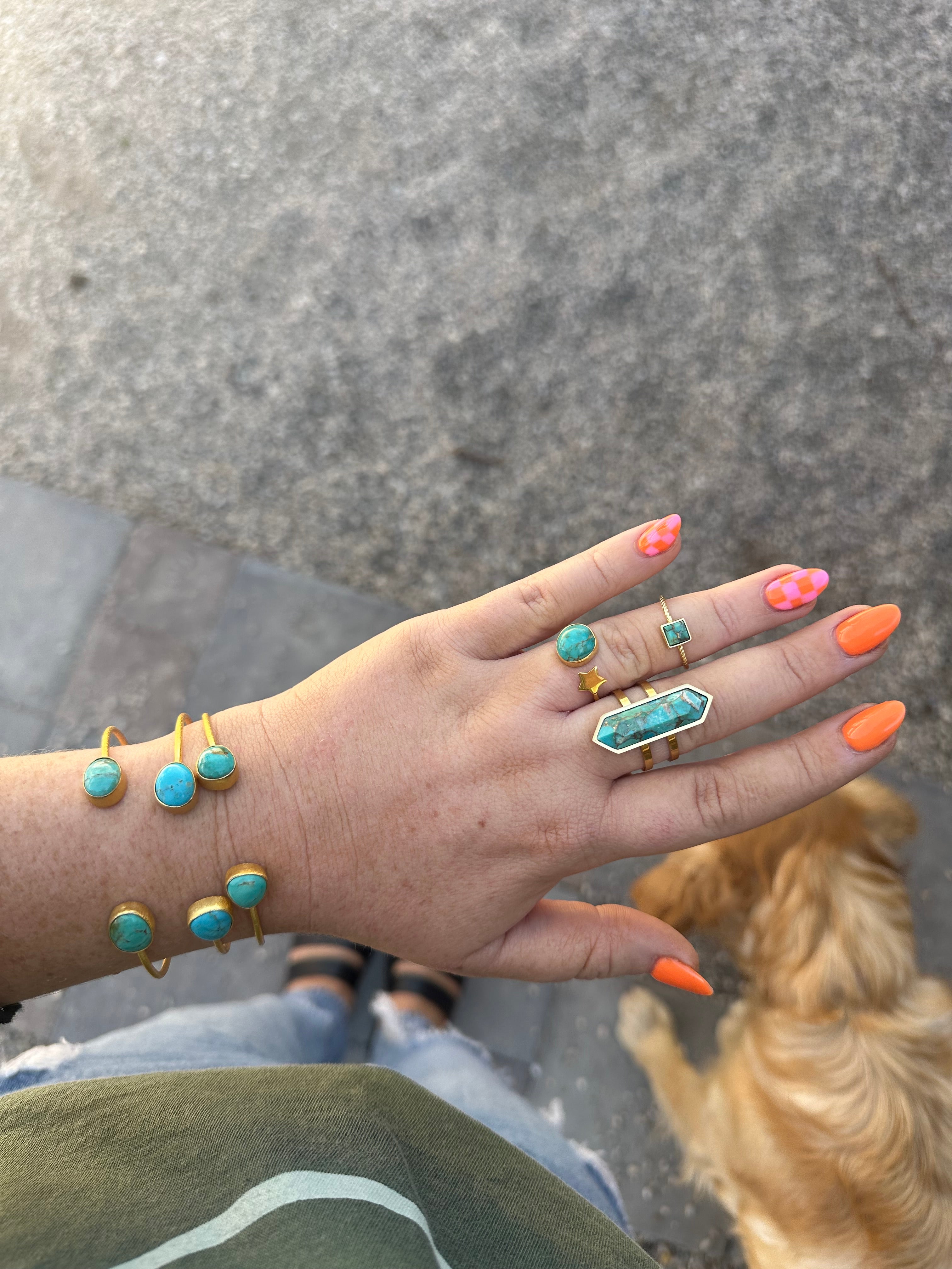 “The Golden Collection” Olive Square Handmade Natural Turquoise 14k Gold Plated Sterling Silver Adjustable Ring