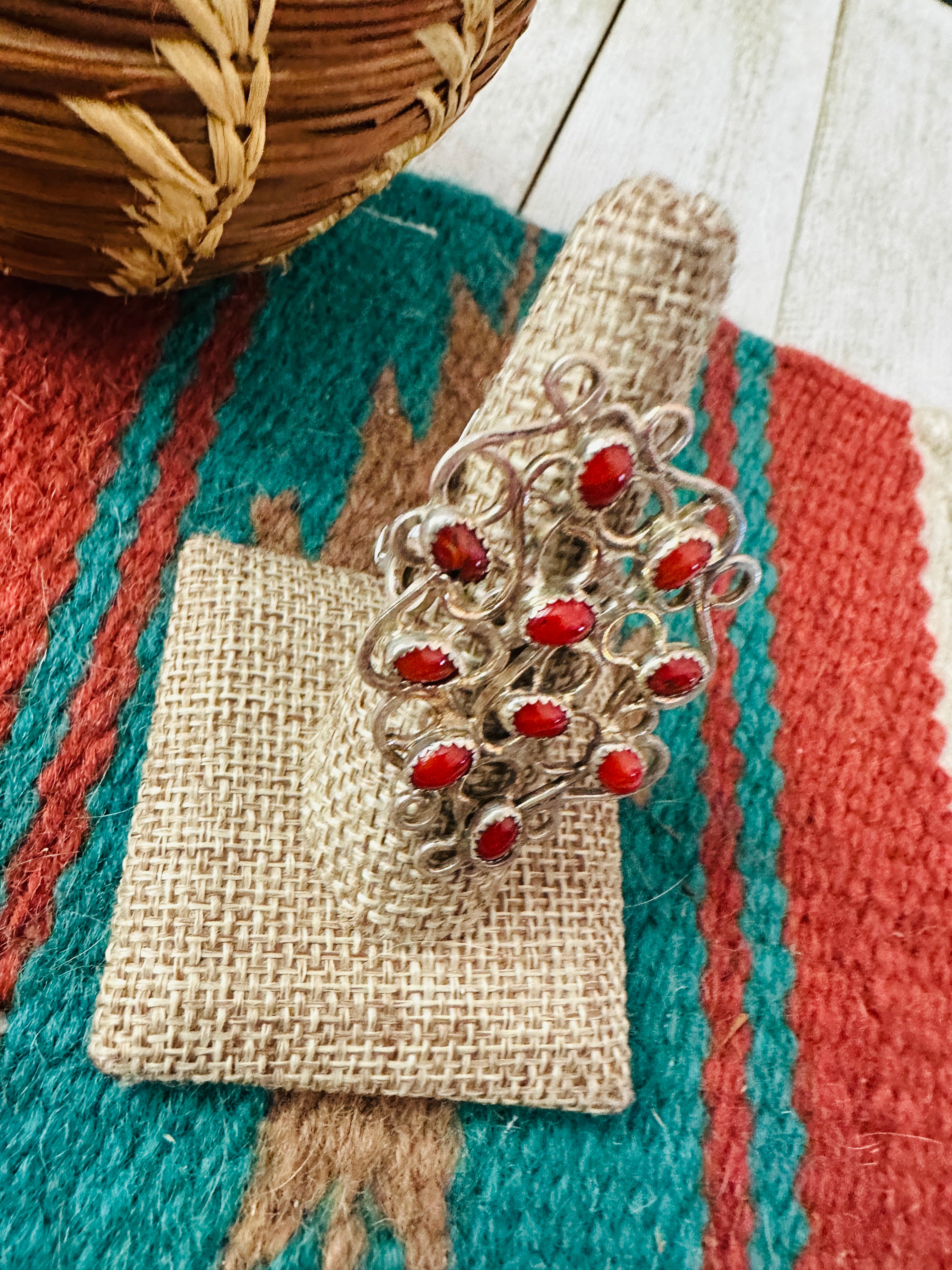 Handcrafted Sterling Silver & Coral Abstract Statement Ring Size 8.5