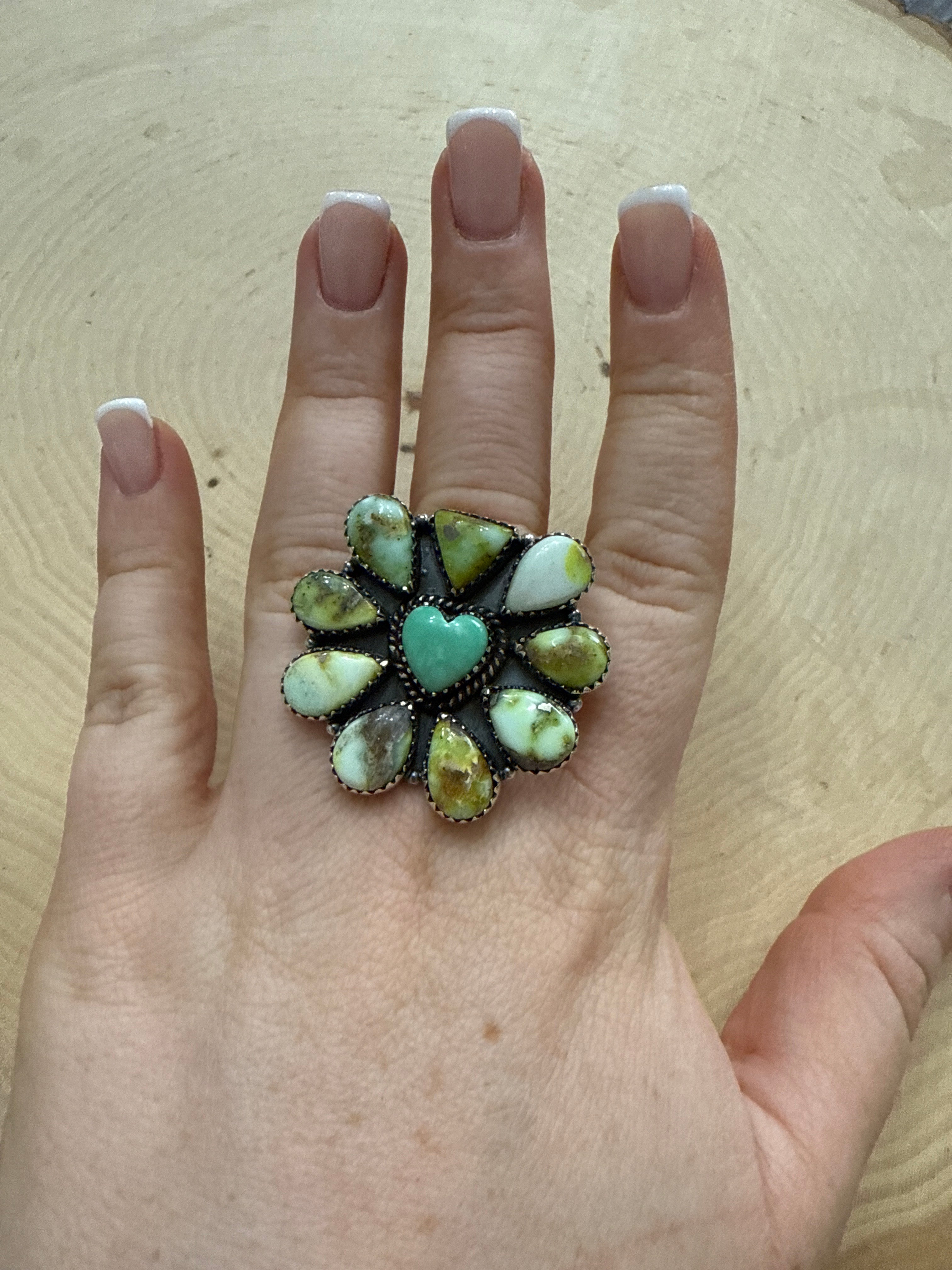Beautiful Handmade Palomino Turquoise, Paloma Turquoise And Sterling Silver Adjustable Heart Ring