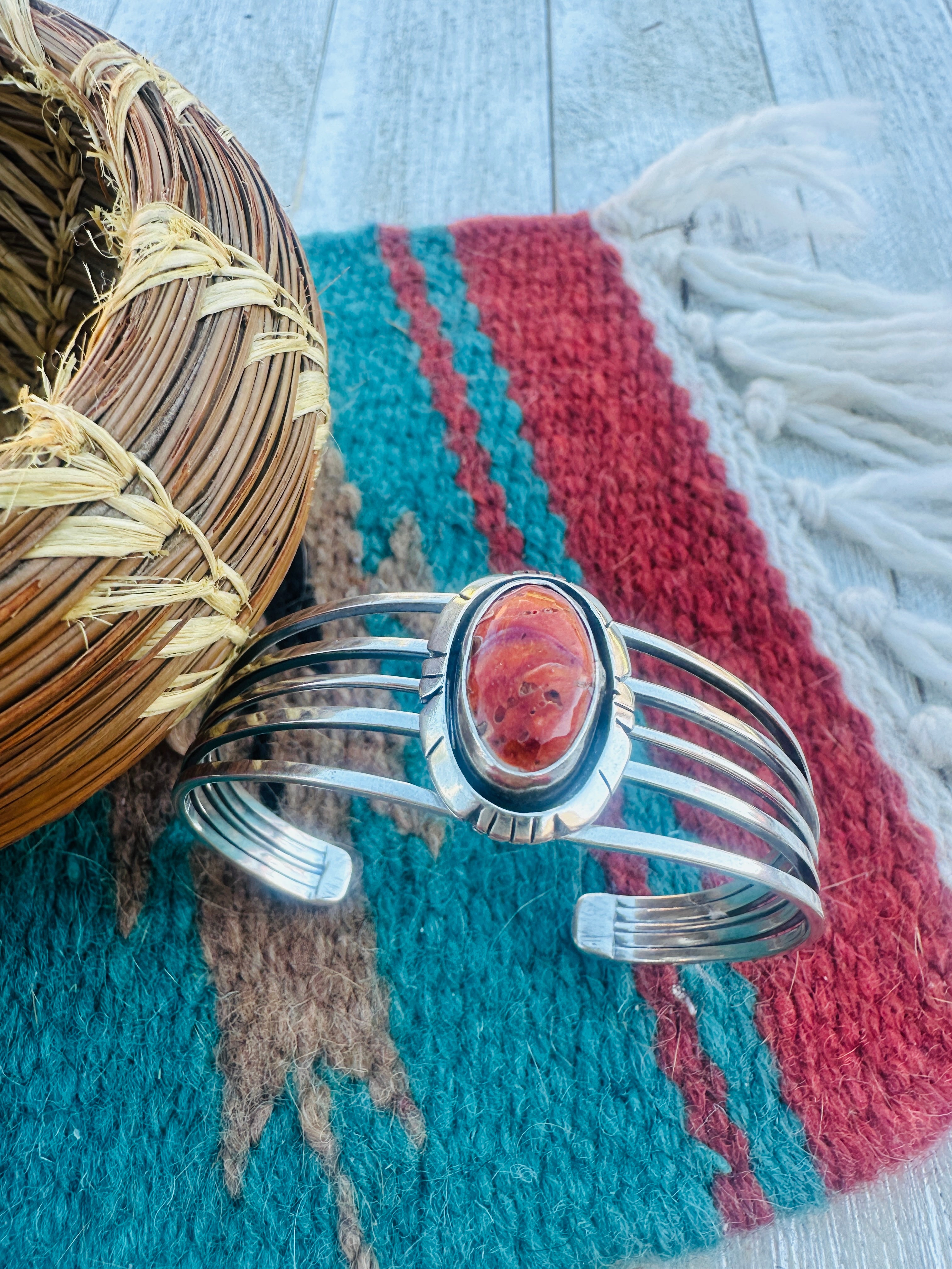 Handcrafted Orange Spiny & Sterling Silver Cuff Bracelet