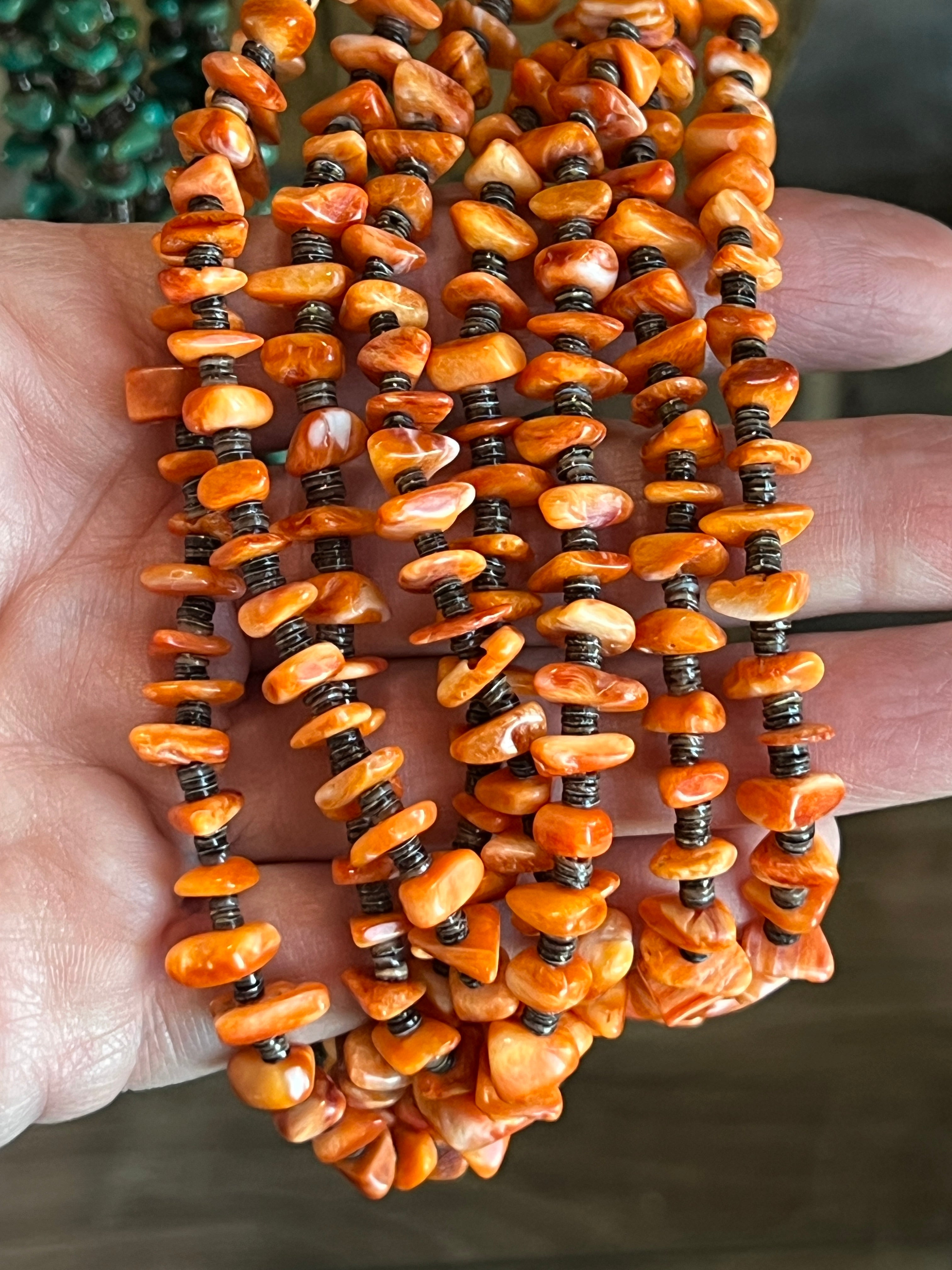 Handcrafted Eight Strand Spiny Oyster and Turquoise Beaded Squaw Wrap Necklace by Daniel Coriz