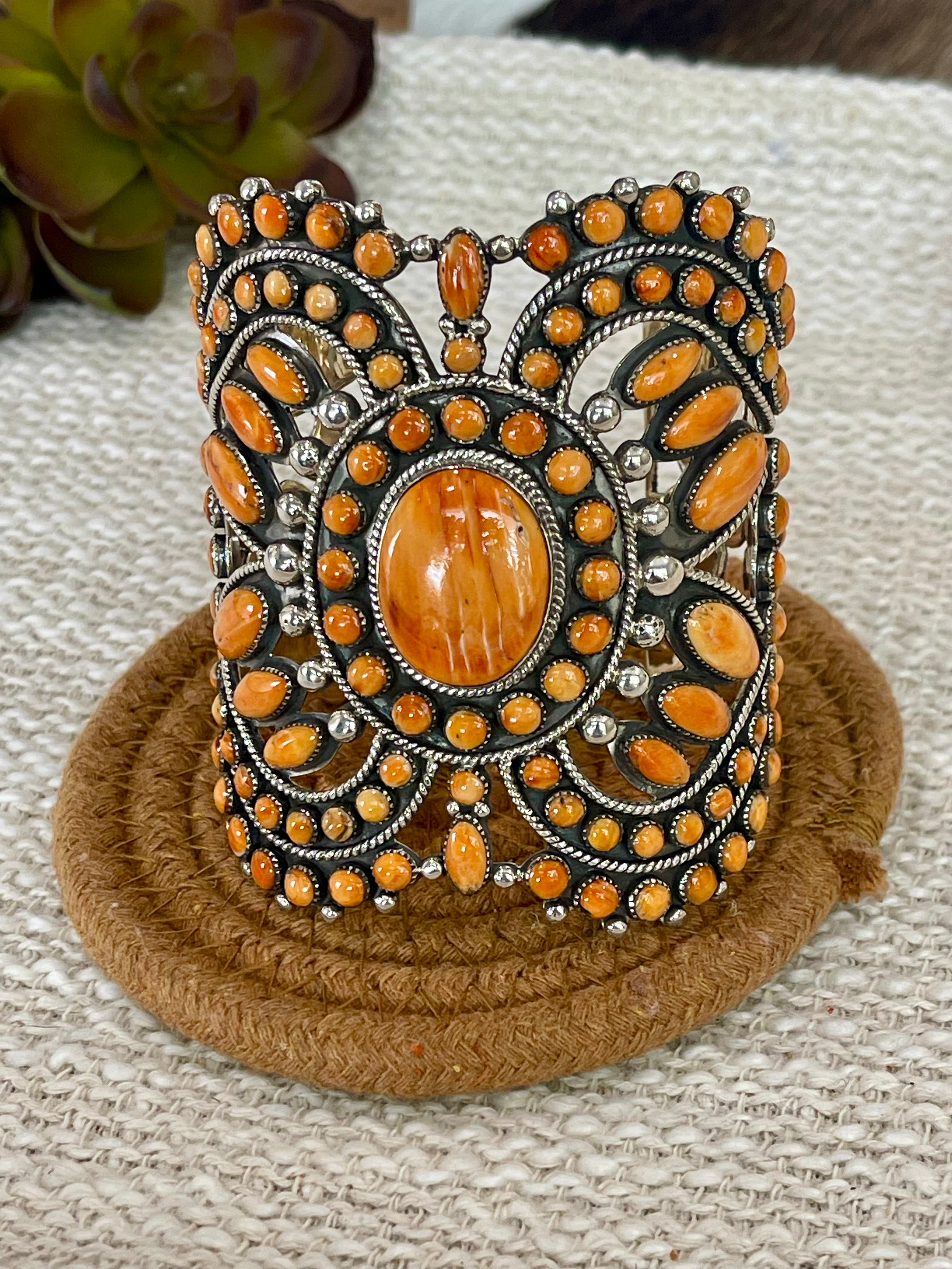 Beautiful Handmade Sterling Silver & Orange Spiny Cuff Bracelet