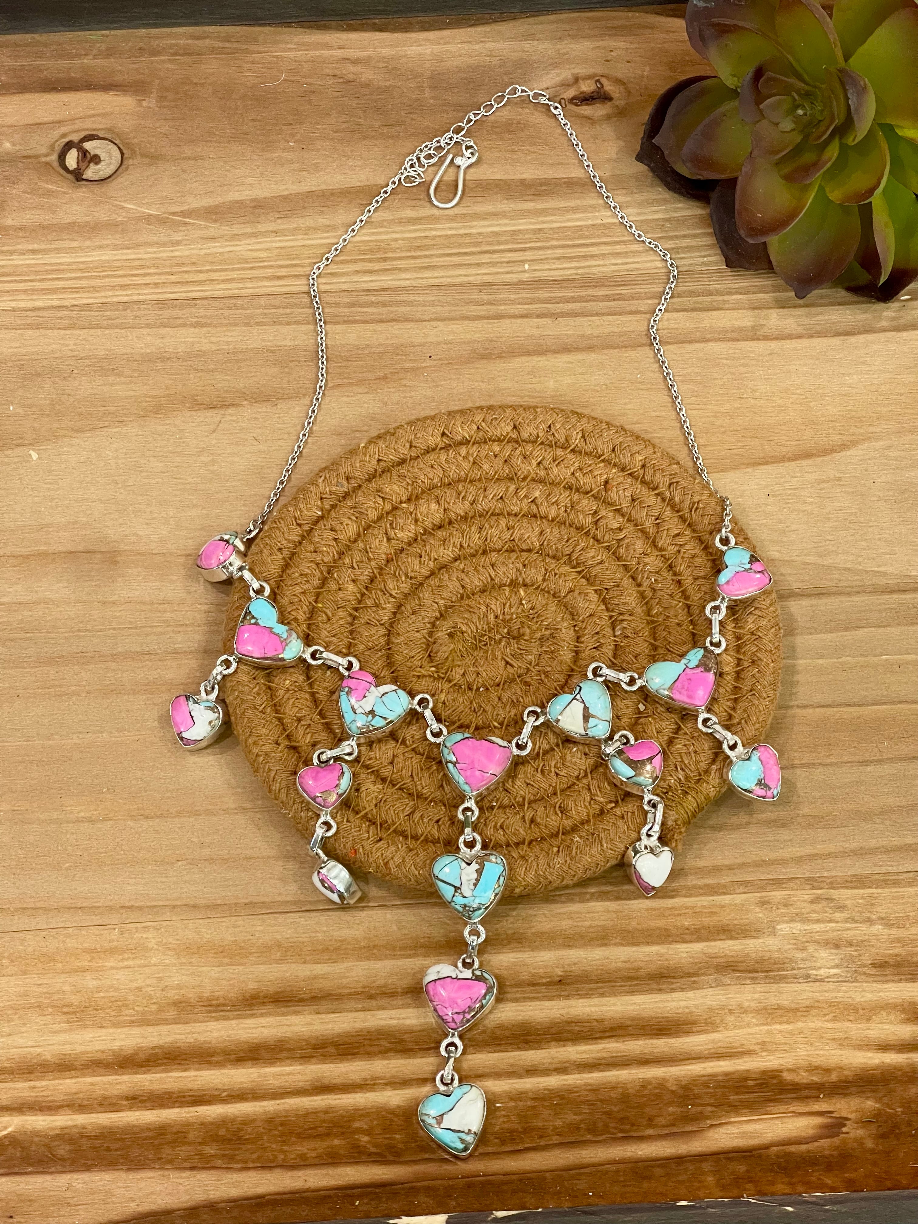 Handmade Sterling Silver Cotton Candy Turquoise Heart Drop Necklace with Signed Nizhoni