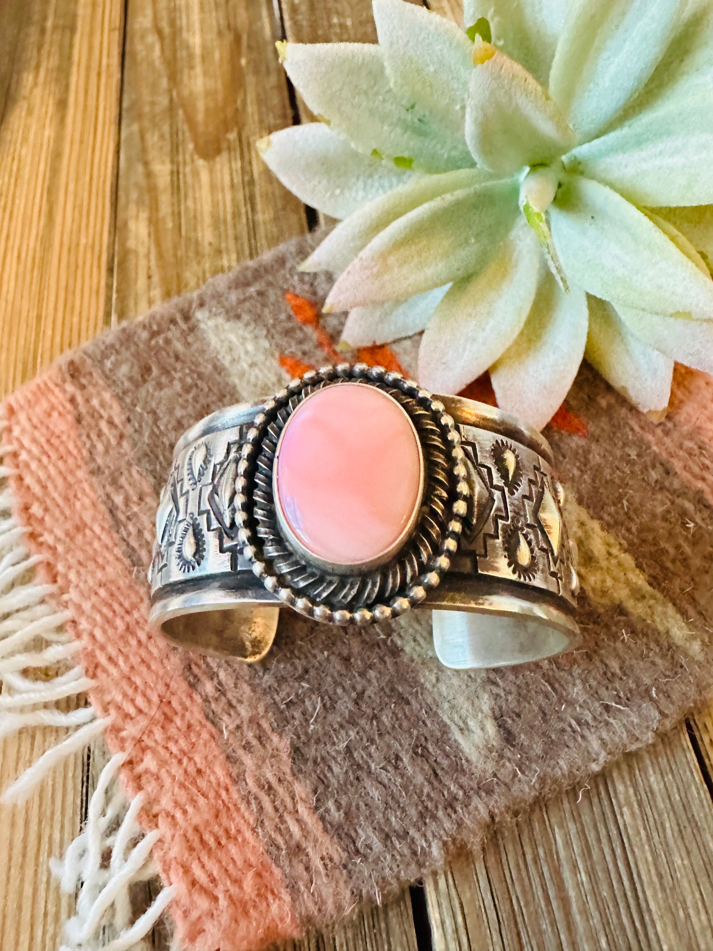 Handcrafted Queen Pink Conch Shell & Sterling Silver Cuff Bracelet