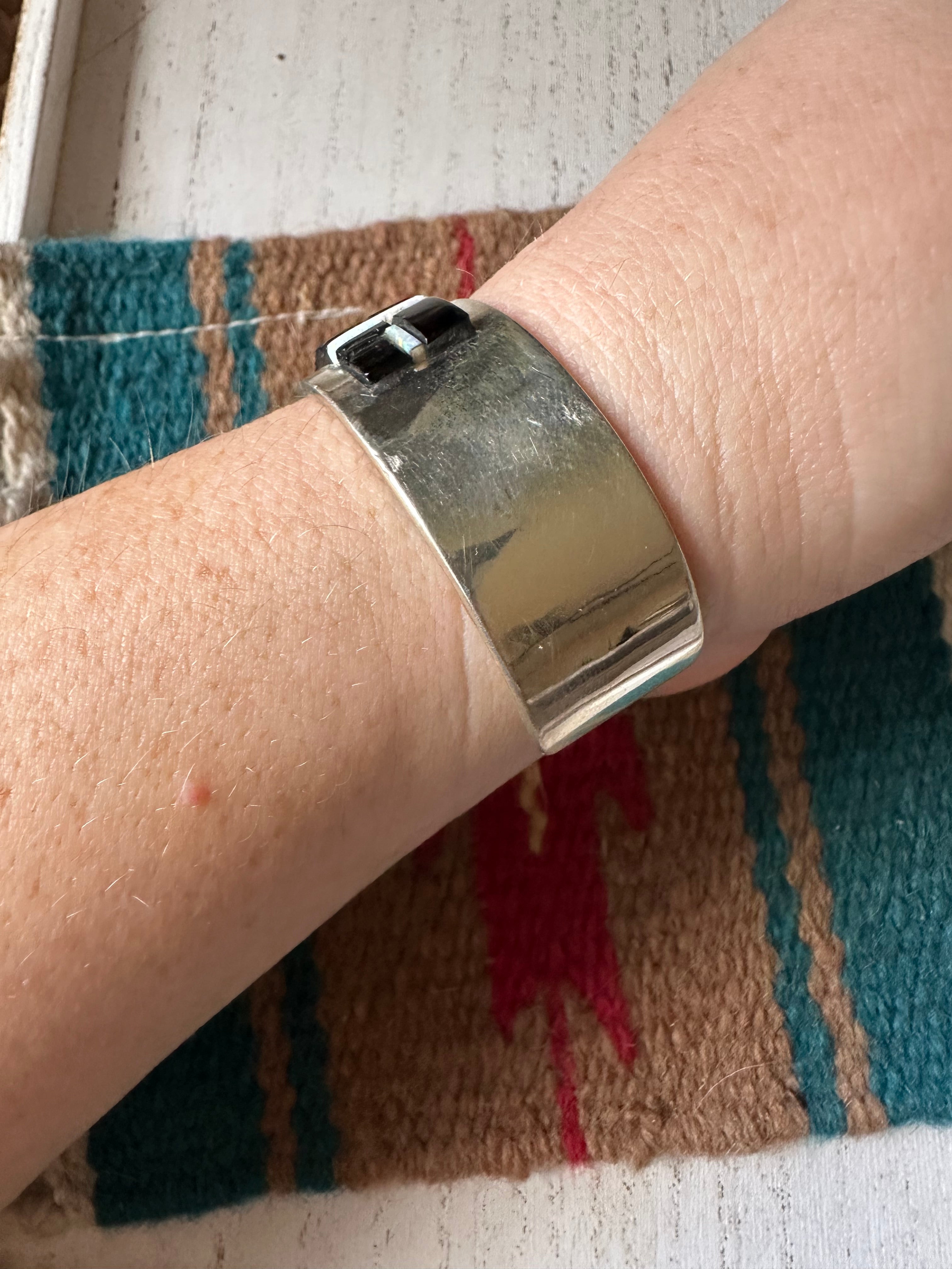 Fire Opal, Onyx & Sterling Silver Inlay Cuff Bracelet Signed Patricia Ed Becenti /