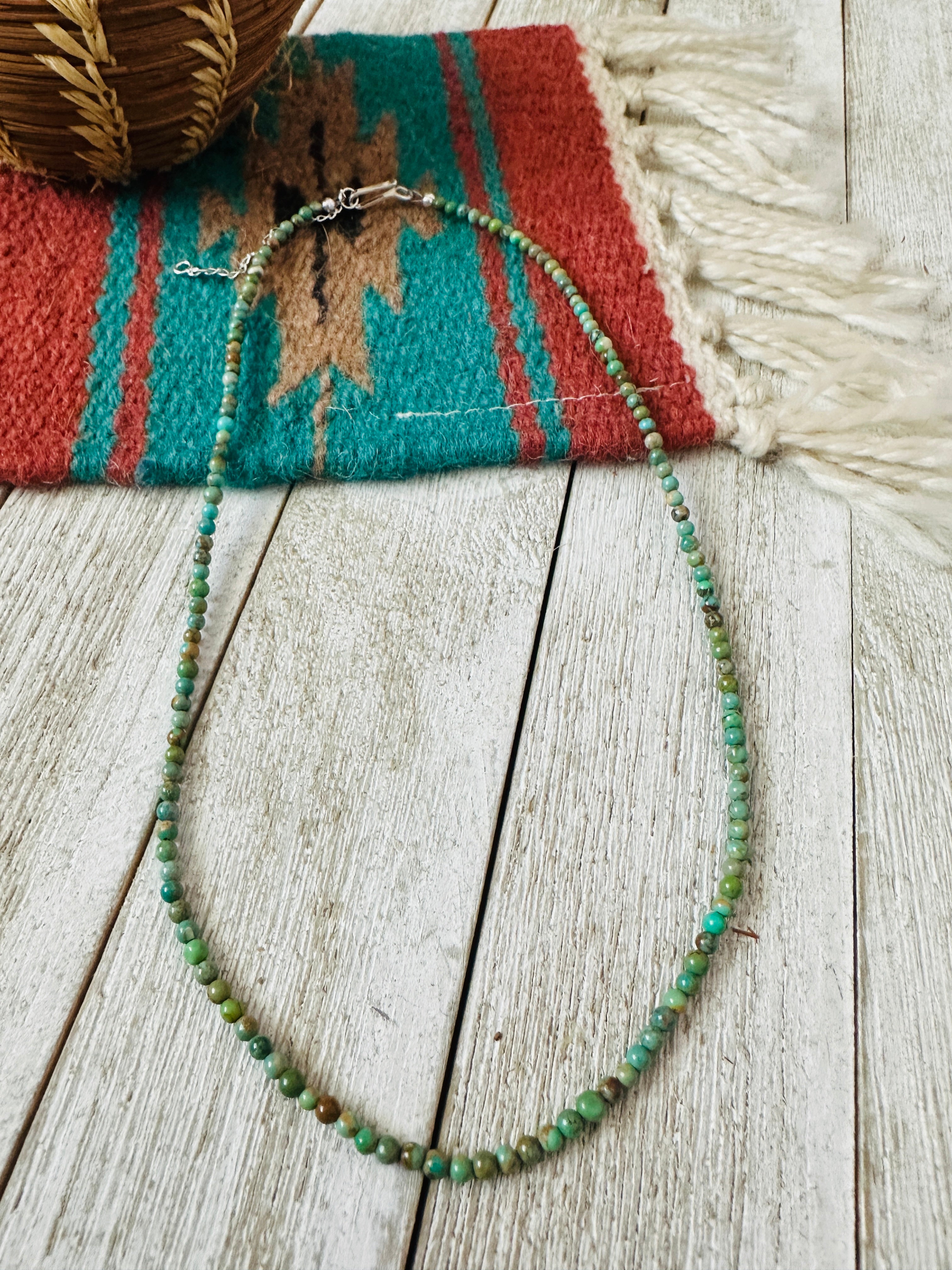 Handcrafted Turquoise & Sterling Silver Beaded Necklace W/ Extender- Green