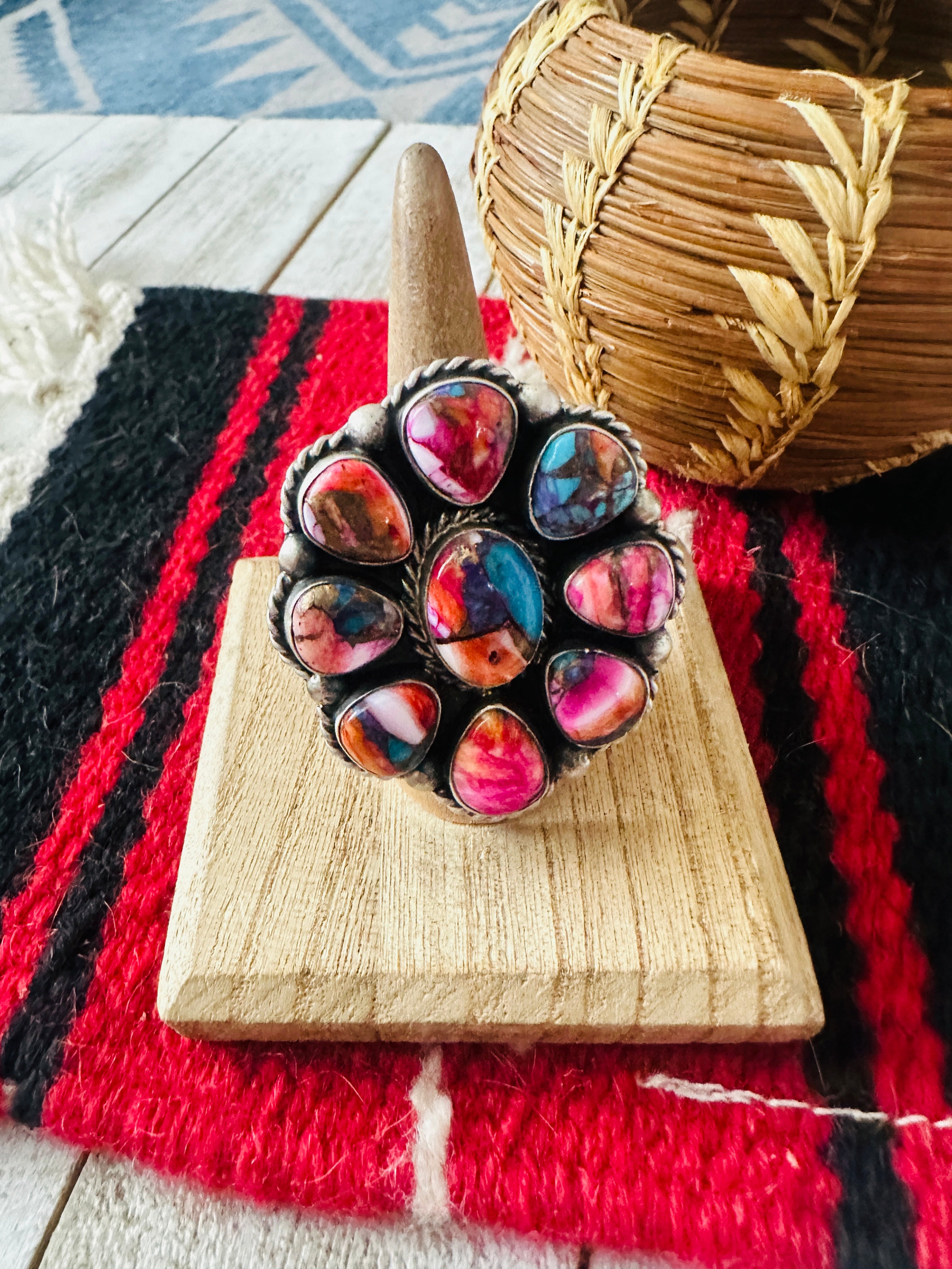 Handcrafted Sterling Silver & Pink Dream Mojave Cluster Adjustable Ring