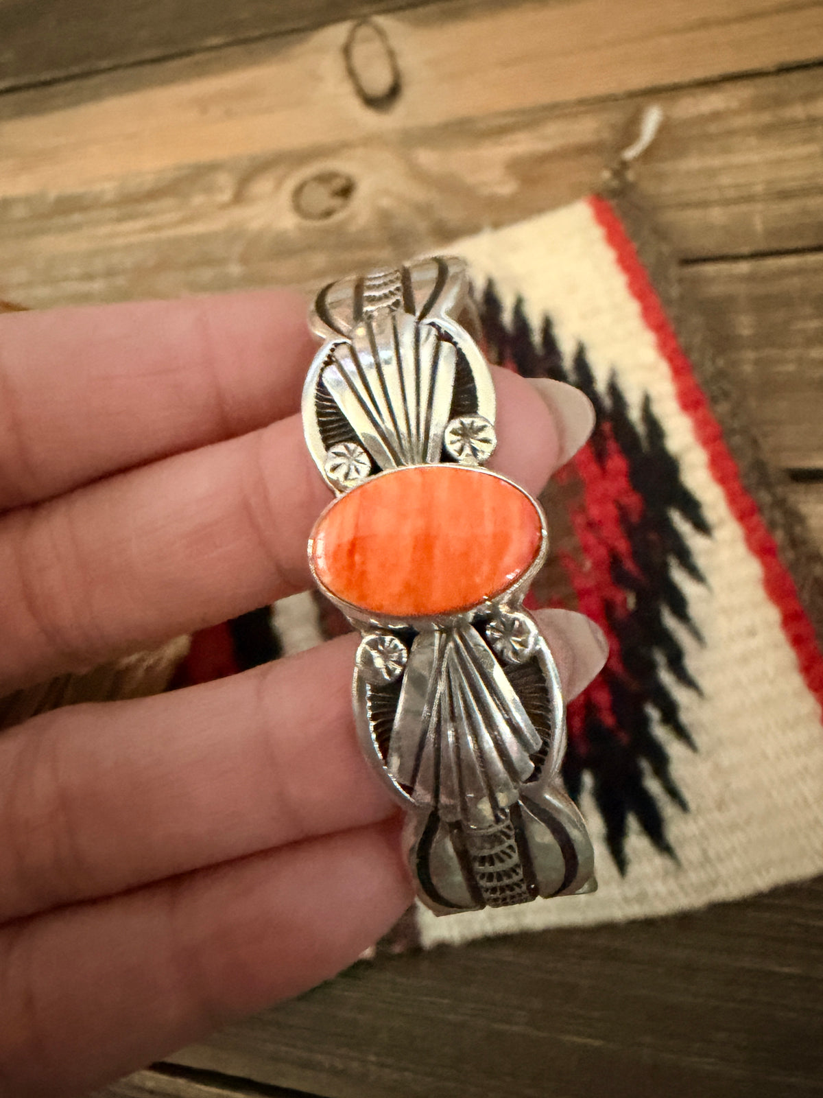 Handcrafted Orange Spiny & Sterling Silver Cuff Bracelet