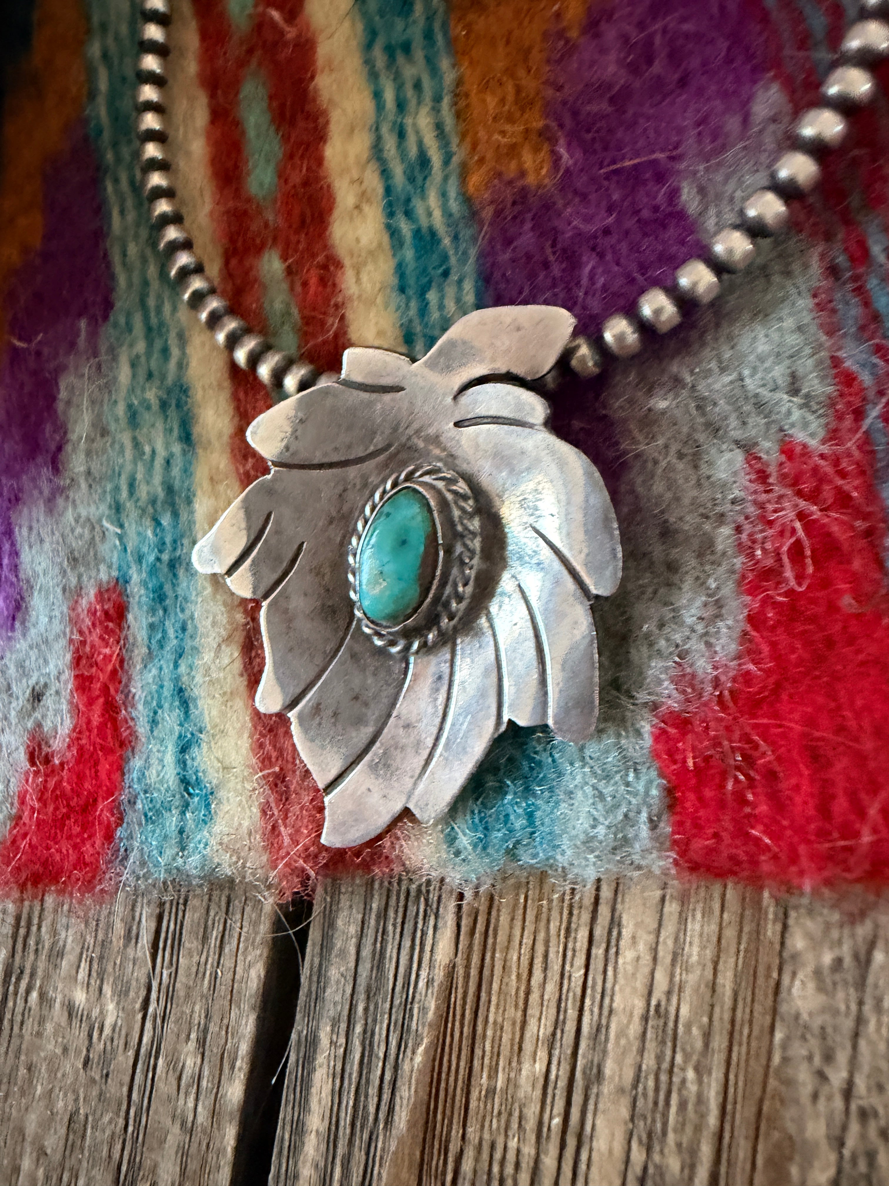 Old Pawn Handcrafted Turquoise and Sterling Silver Leaf Pendant