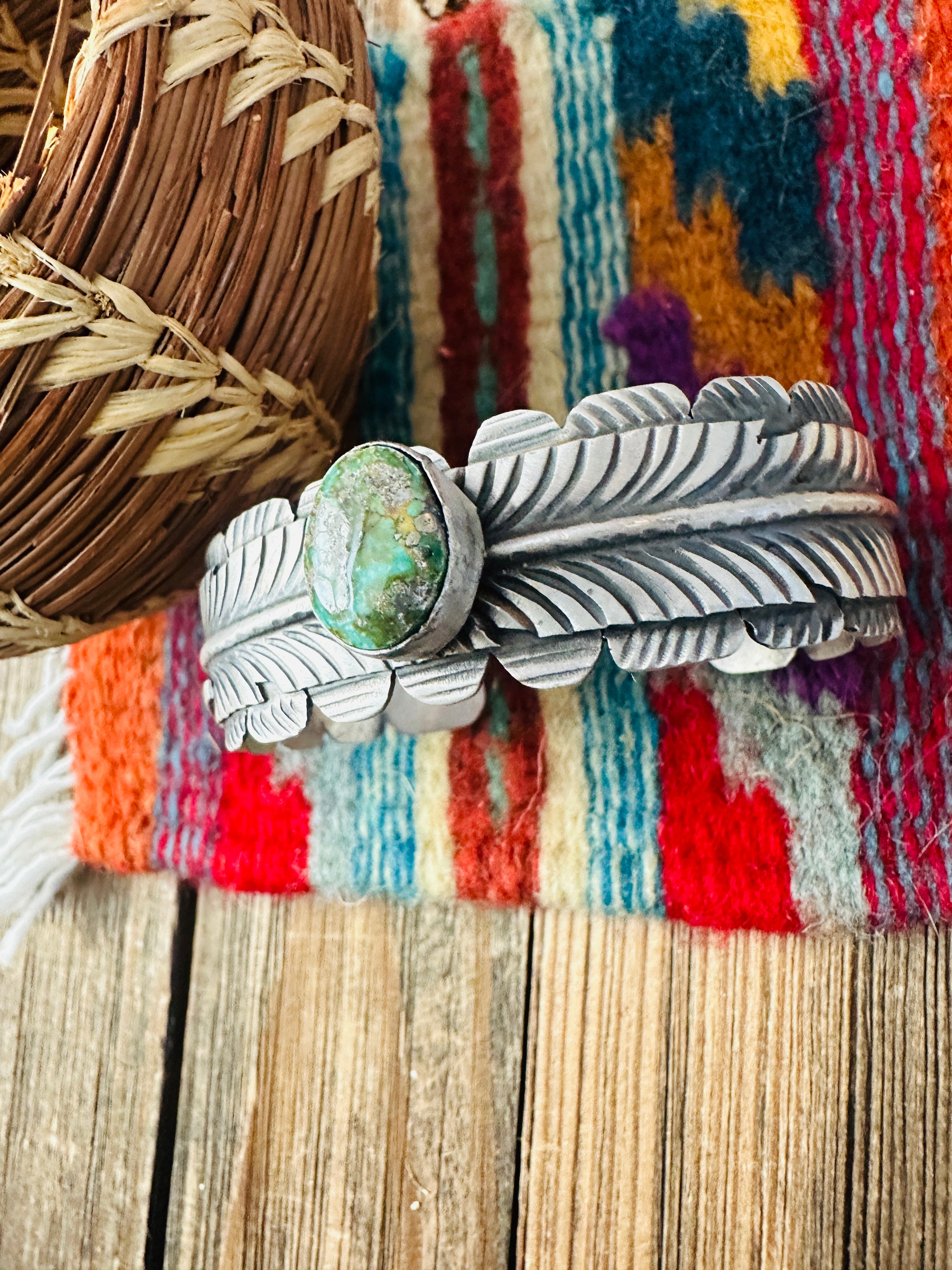 Handcrafted Sonoran Gold Turquoise & Sterling Silver Feather Cuff Bracelet