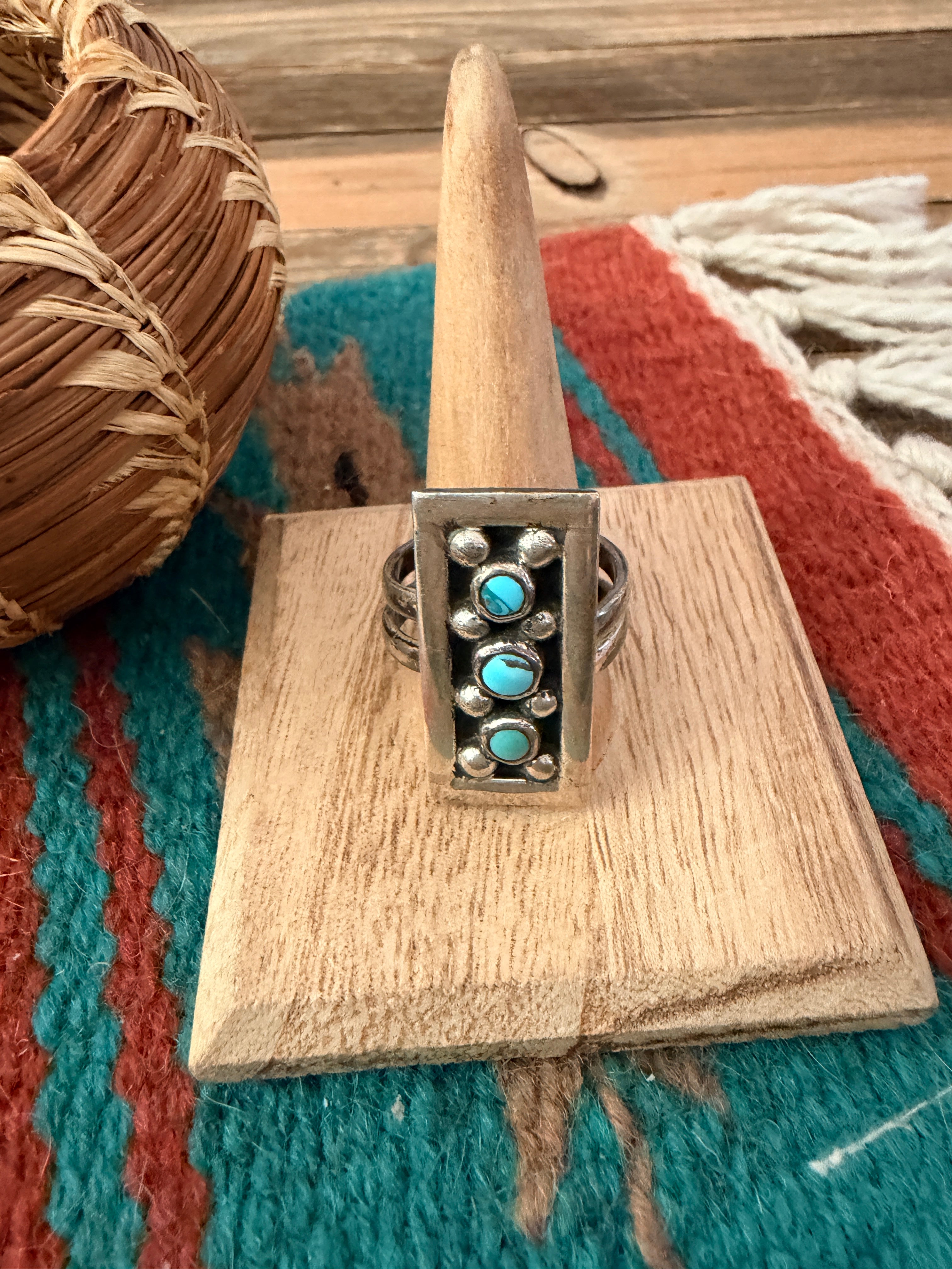 Old Pawn Handcrafted Turquoise & Sterling Silver Adjustable Ring