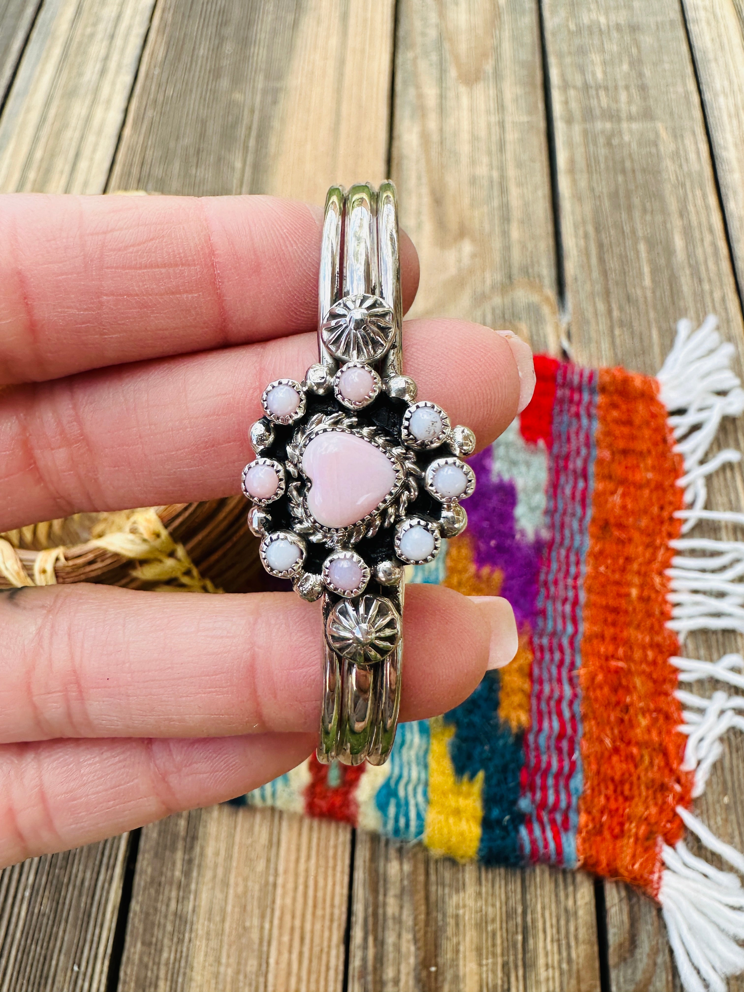 Handcrafted Queen Pink Conch & Sterling Silver Heart Cuff Bracelet