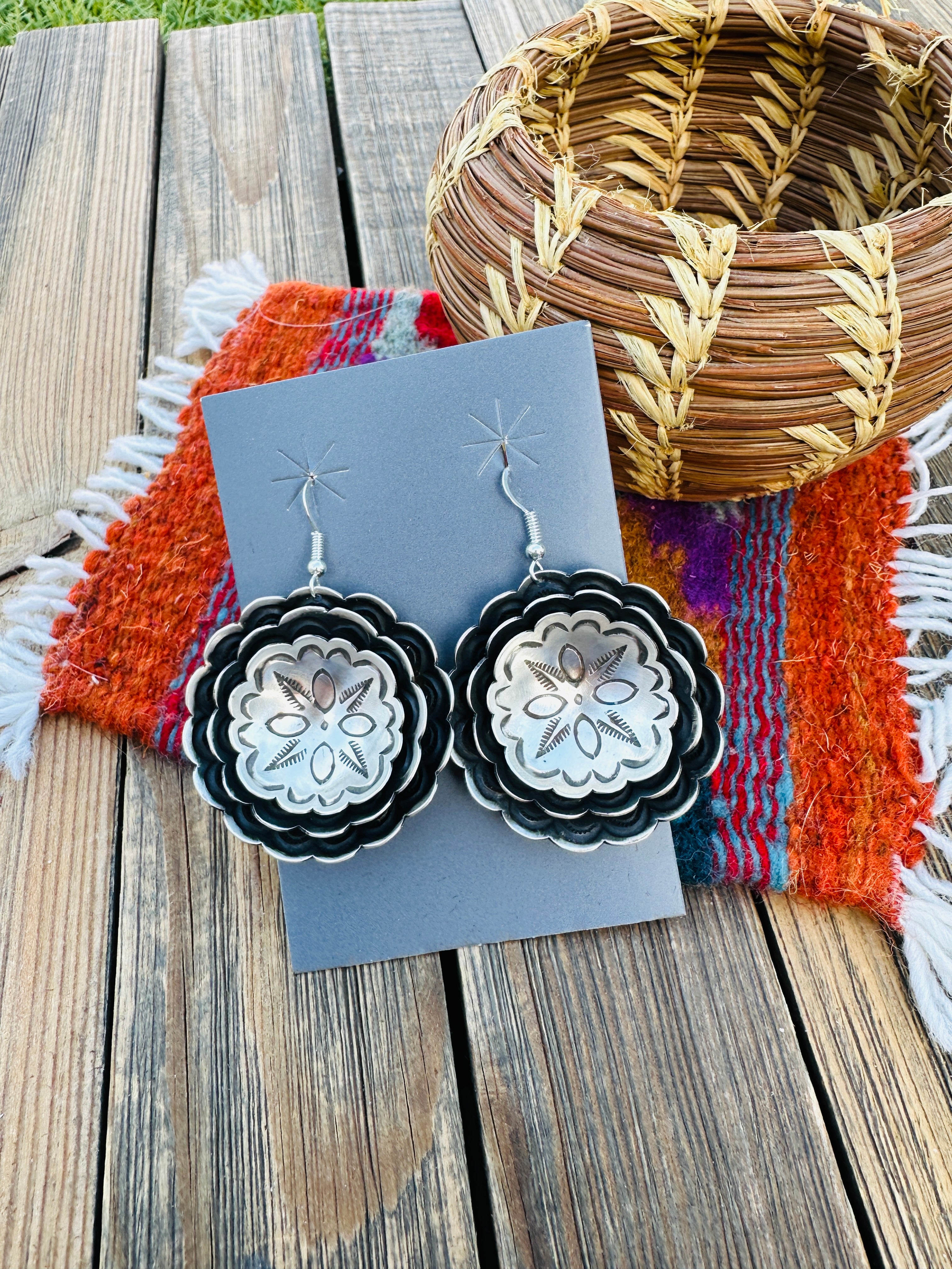 Handcrafted Sterling Silver Concho Dangle Earrings by Leander Tahe